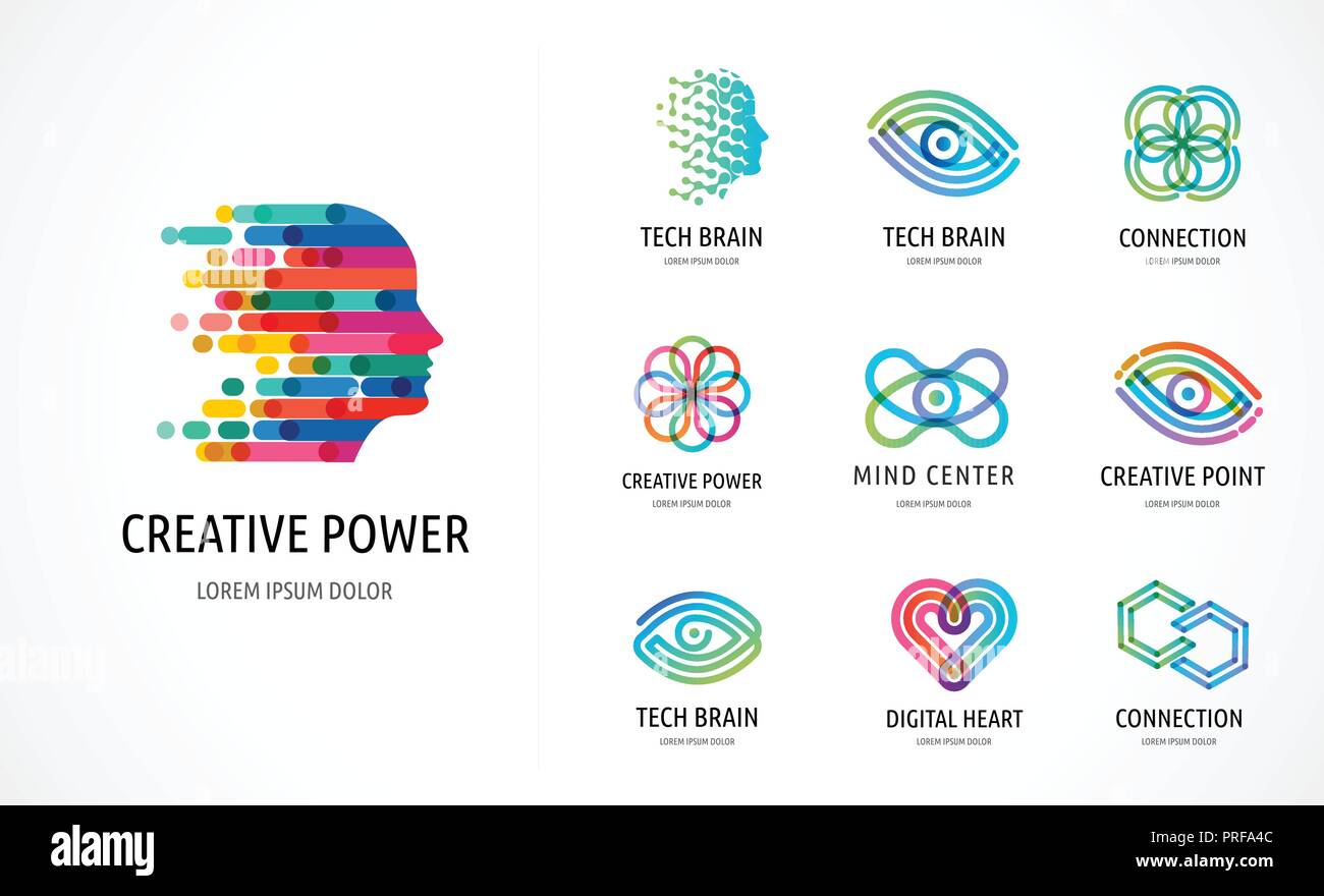 Le cerveau, l'esprit créatif, d'apprentissage et d'Icones, Logos. Tête d'homme, les gens des symboles - vecteur stock Illustration de Vecteur