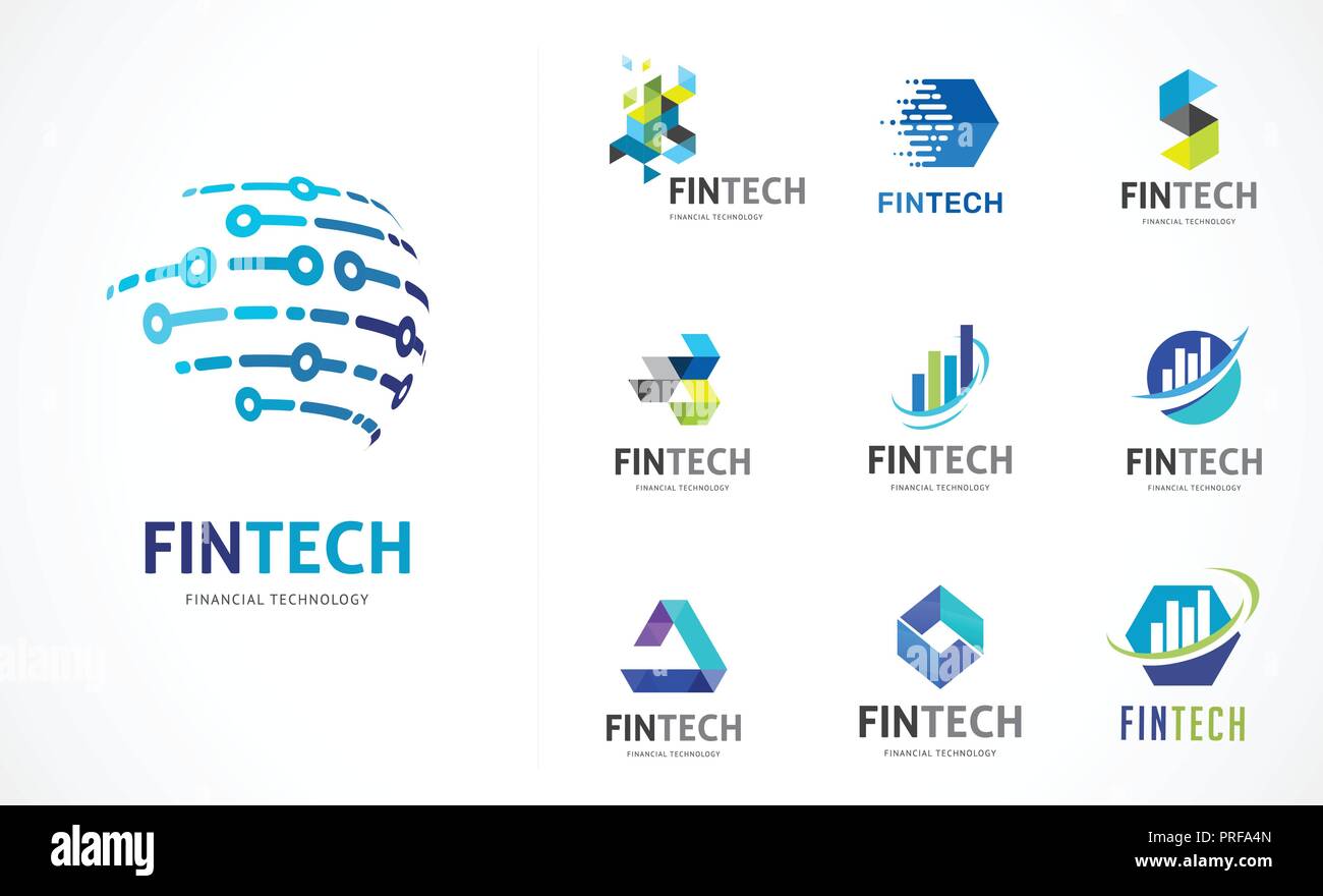 Set - Logo fintech, blockchain, de la technologie, de la biotechnologie, des symboles et de haute technologie Illustration de Vecteur
