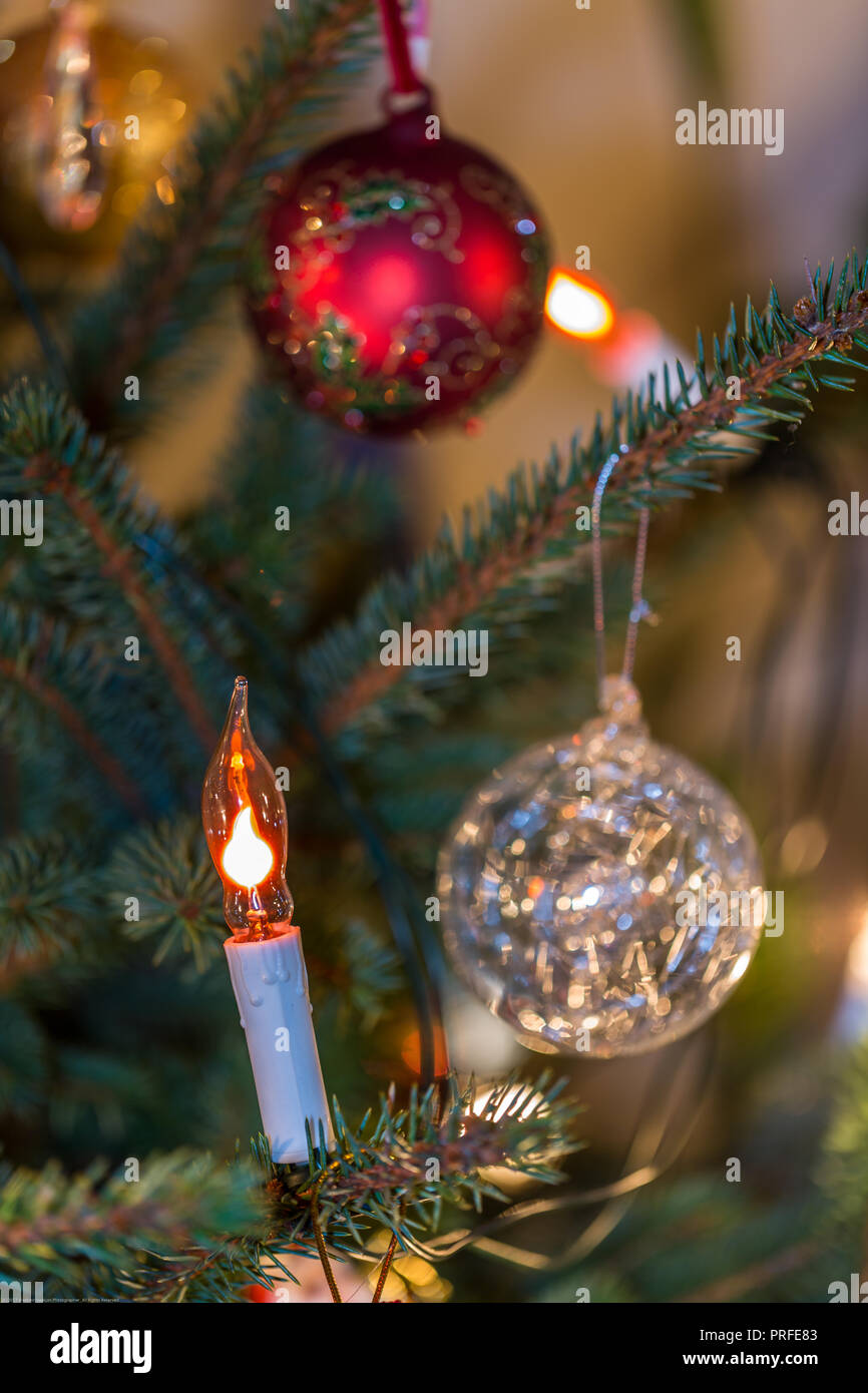 Babioles de Noël Bougie électrique et sur les sapins et lumières fond Banque D'Images