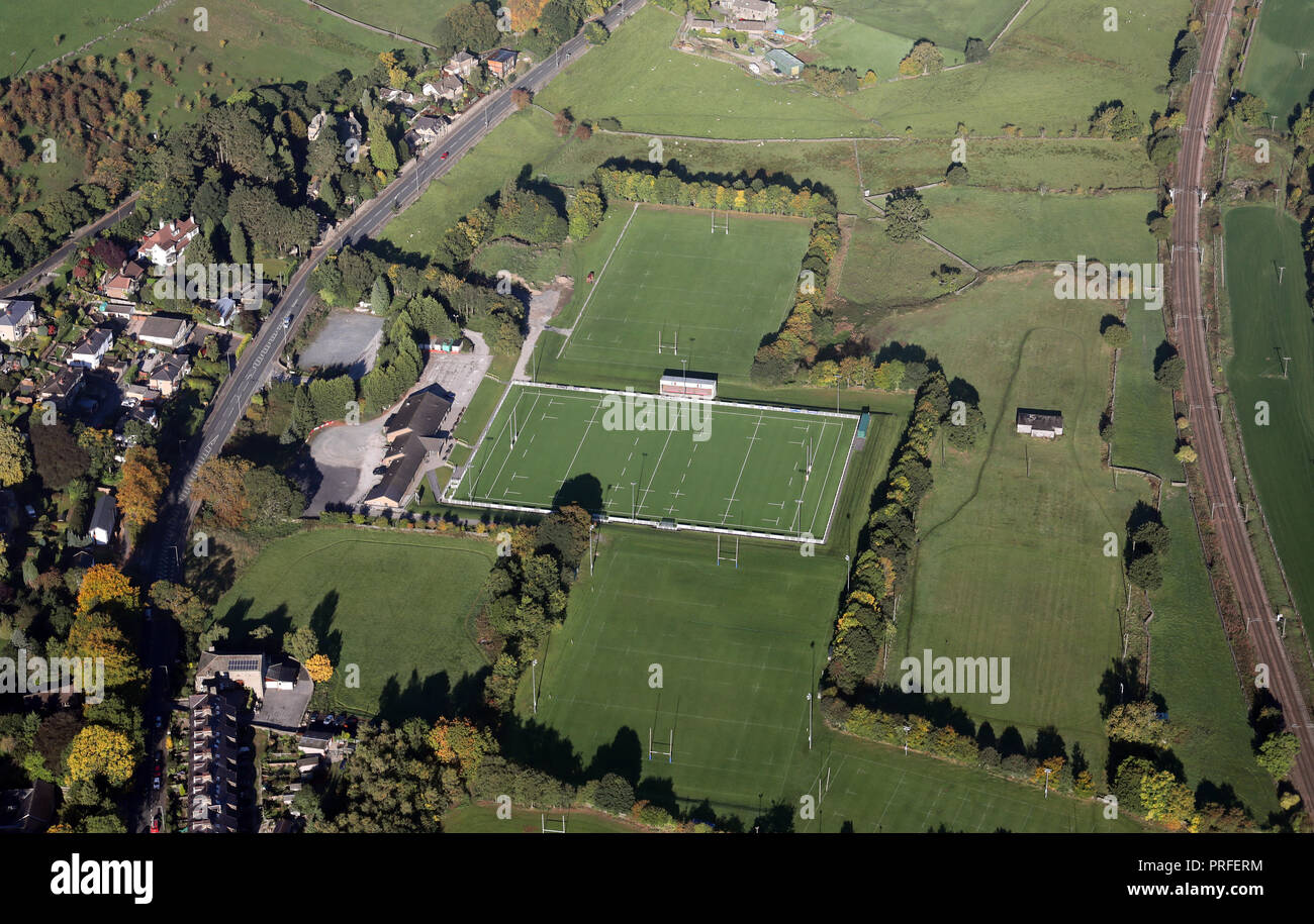 Vue aérienne de Keighley Rugby Union Football Club, West Yorkshire Banque D'Images