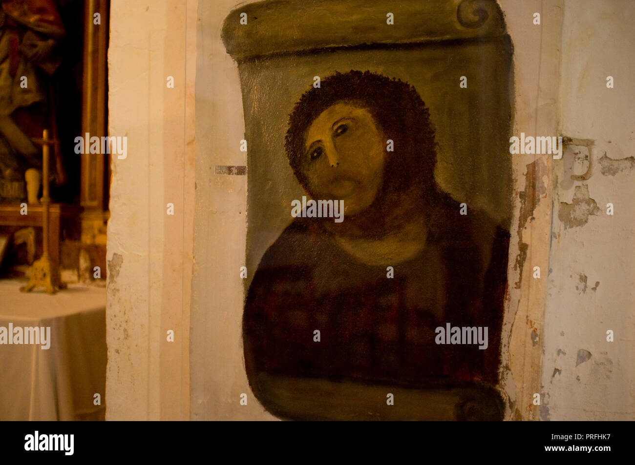 ECCE HOMO, sanctuaire de la miséricorde dans l'église BORJA, Aragon, Espagne, à l'origine peint par Elias Garcia Martinez et restauré par Cecilia Gimenez Zueco. Banque D'Images