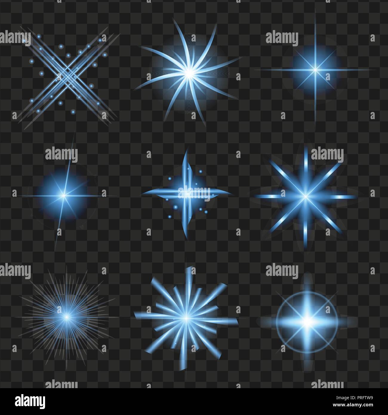 Stars Shine bleu avec paillettes, resplendit icons set. Twinkle, l'éblouissement, l'effet de l'élément graphique de scintillation, signe de la lumière. Éléments de conception transparente retour Illustration de Vecteur