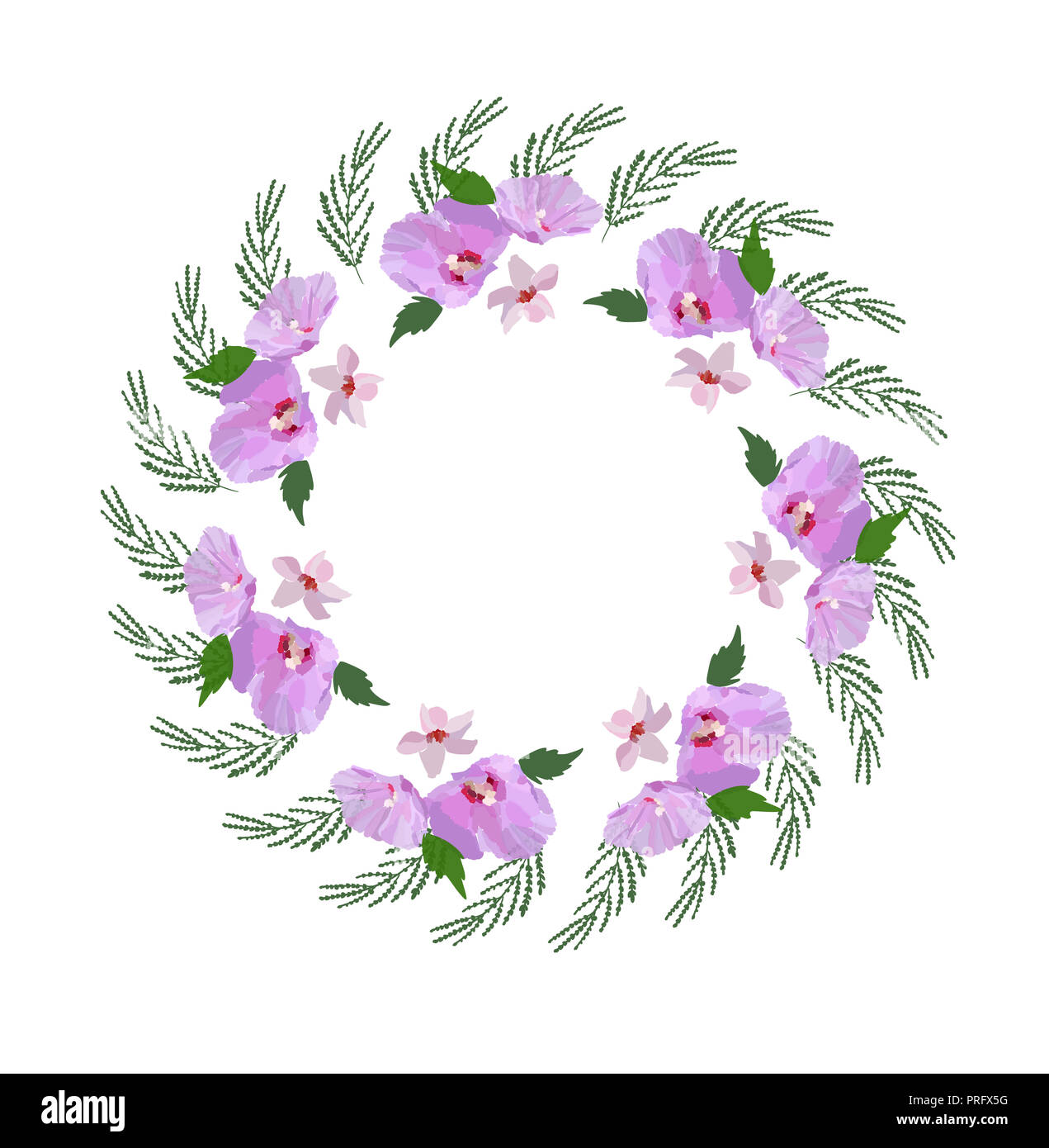 Couronne de fleurs d'hibiscus, des fleurs et des feuilles à la main. Illustration vecteur de couleur. Banque D'Images