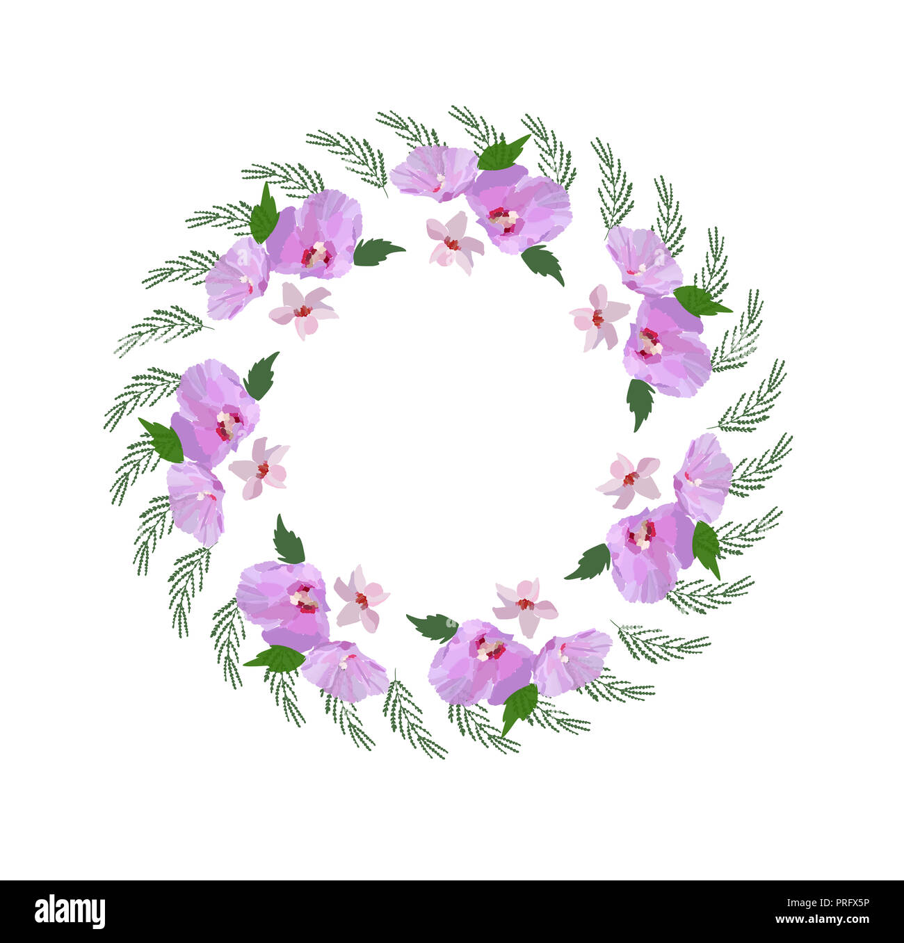 Couronne de fleurs d'hibiscus, des fleurs et des feuilles à la main. Illustration vecteur de couleur. Banque D'Images