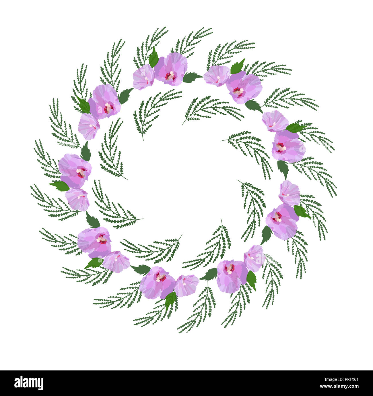 Couronne de fleurs d'hibiscus, des fleurs et des feuilles à la main. Illustration vecteur de couleur. Banque D'Images