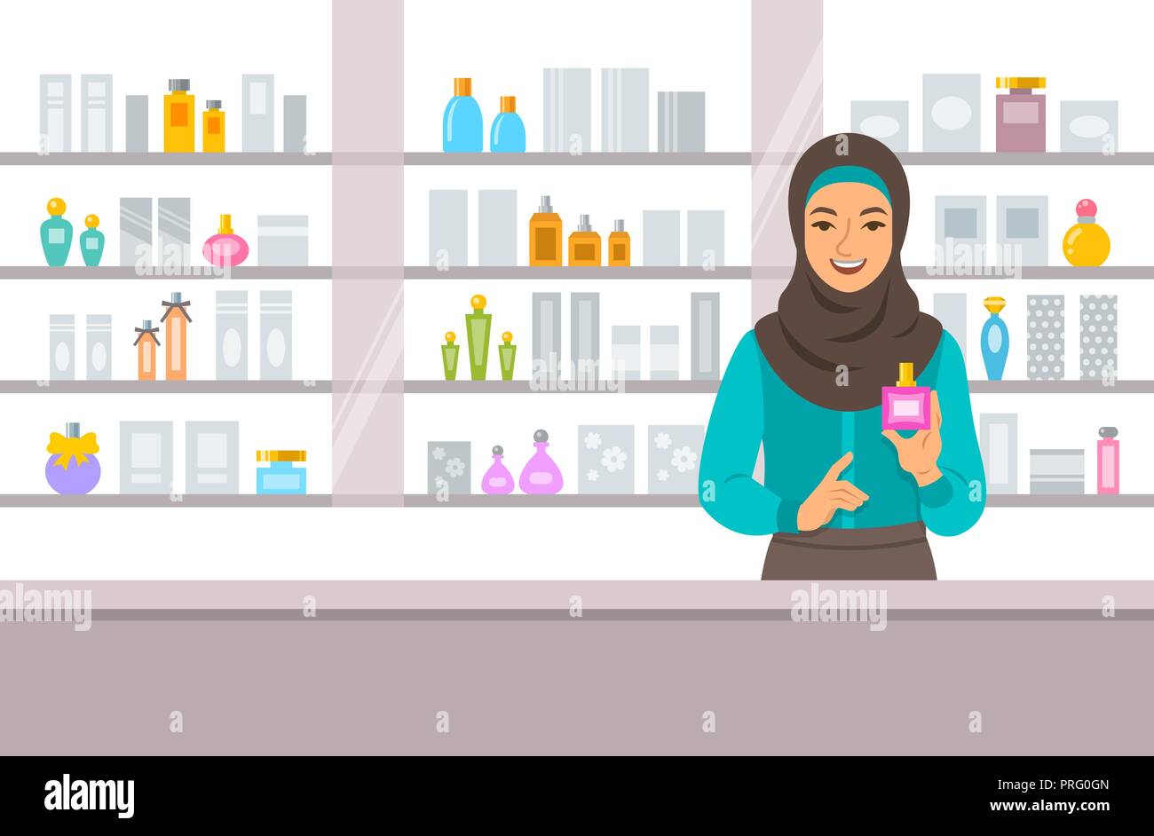 Fille arabe boutique cosmétiques comptoir près de étagères avec les parfums et les produits de soins de la peau. Jeune femme vendeur offrant bouteille avec de nouveaux parfums à l'arôme Illustration de Vecteur