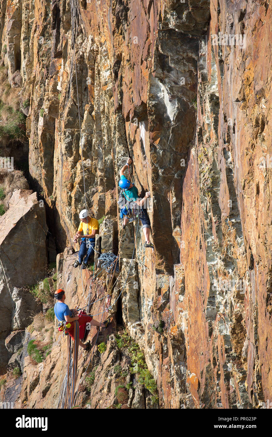Portrait capture, trois hommes bénéficiant de l'activité défi sport extrême : la descente en rappel et l'escalade sur rocher à South Stack Cliffs, Anglesey, au Royaume-Uni. Banque D'Images