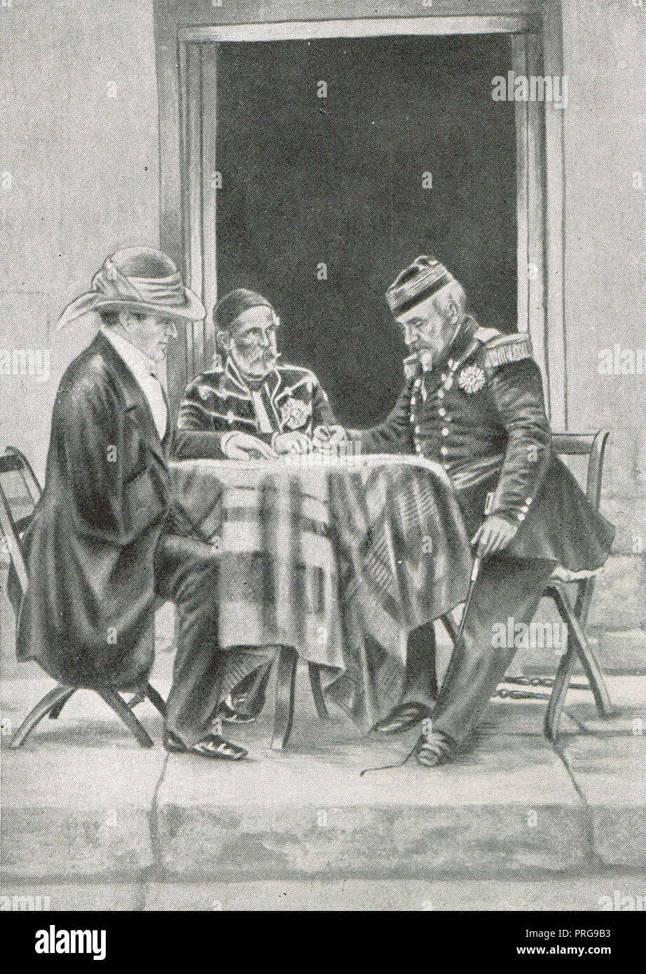 Conseil de guerre entre Lord Raglan, Omar Pacha et le général Pélissier sur le matin de la prise du mamelon, 7 juin 1855, au cours de la guerre de Crimée Banque D'Images