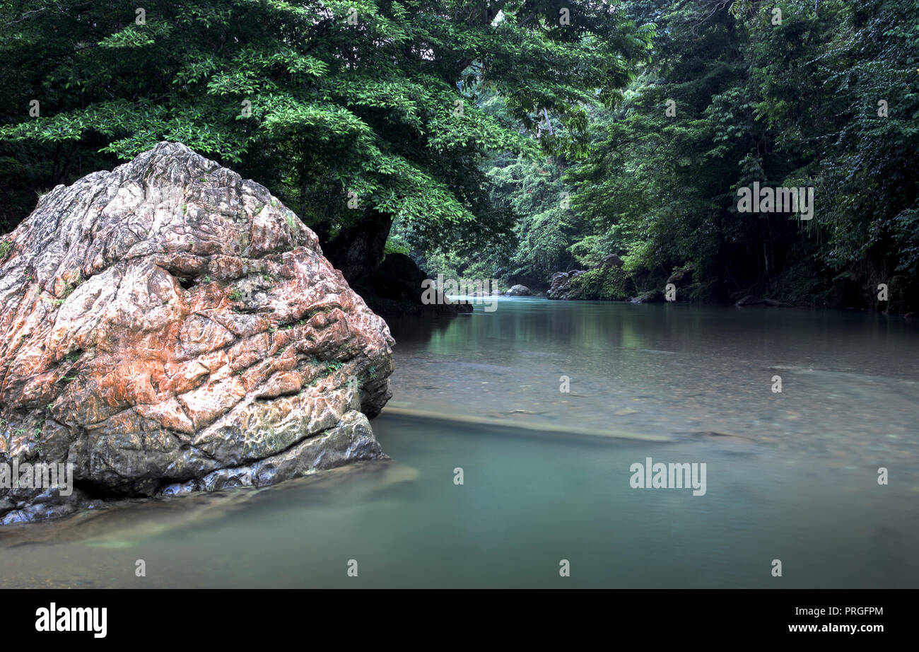 La rivière Kualsa Buluh traverse le parc national de Gunung Leuser à Tangkahan, à Sumatra, en Indonésie Banque D'Images