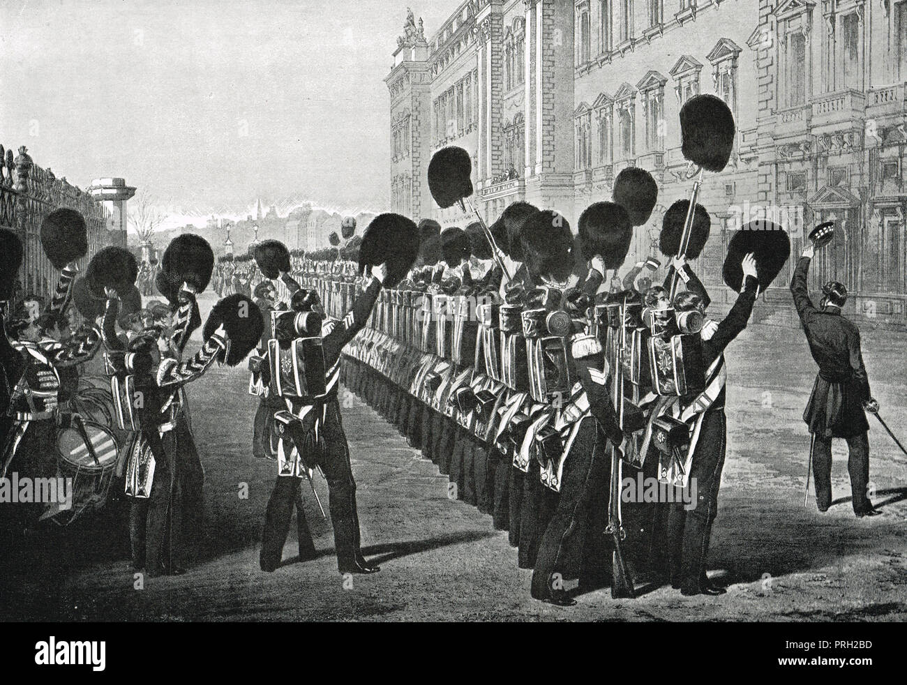Scots Fusilier Guards acclamer la reine Victoria et agitant leurs chapeaux en peau dans l'air, le palais de Buckingham, Londres, Angleterre, 1854, avant de partir pour la guerre de Crimée Banque D'Images