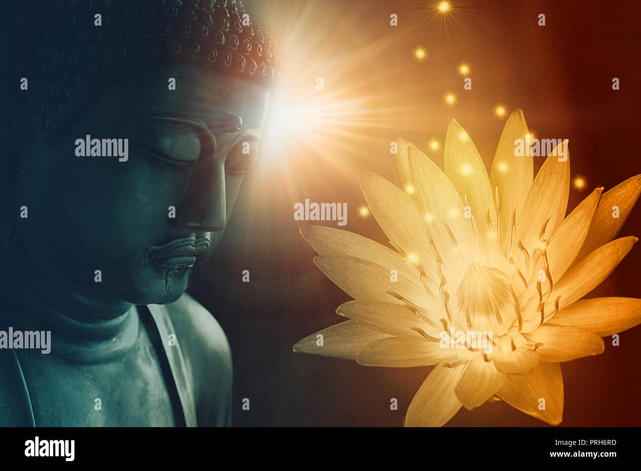 Visage bouddha de paix avec lotus d'éclairer la lumière de la paix bouddhiste Banque D'Images