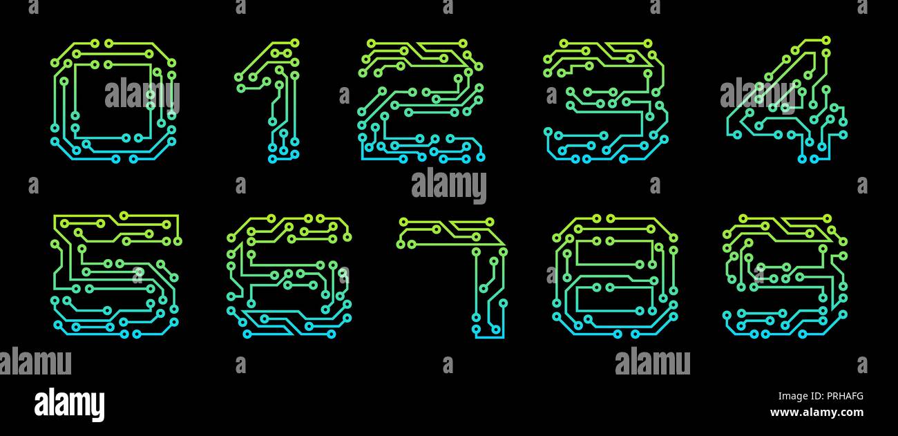 Pour définir les numéros réalisés dans la texture du circuit, des chiffres isolé sur fond noir Illustration de Vecteur