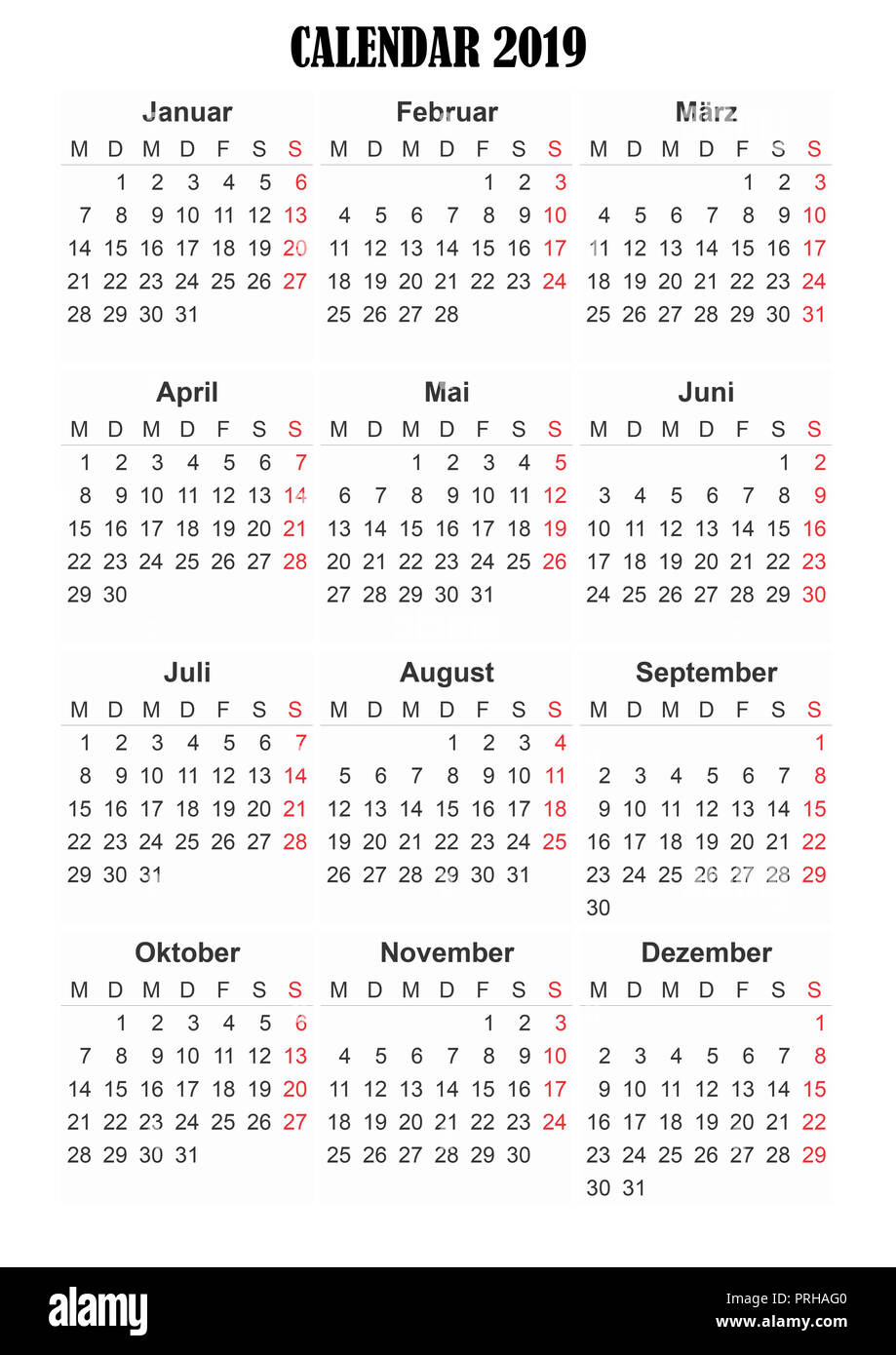 Calendrier 2019 Germangeneric A3, pour la culture facile occupé les concepteurs qui souhaitent créer leurs propres dessins, agendas, agendas. Banque D'Images