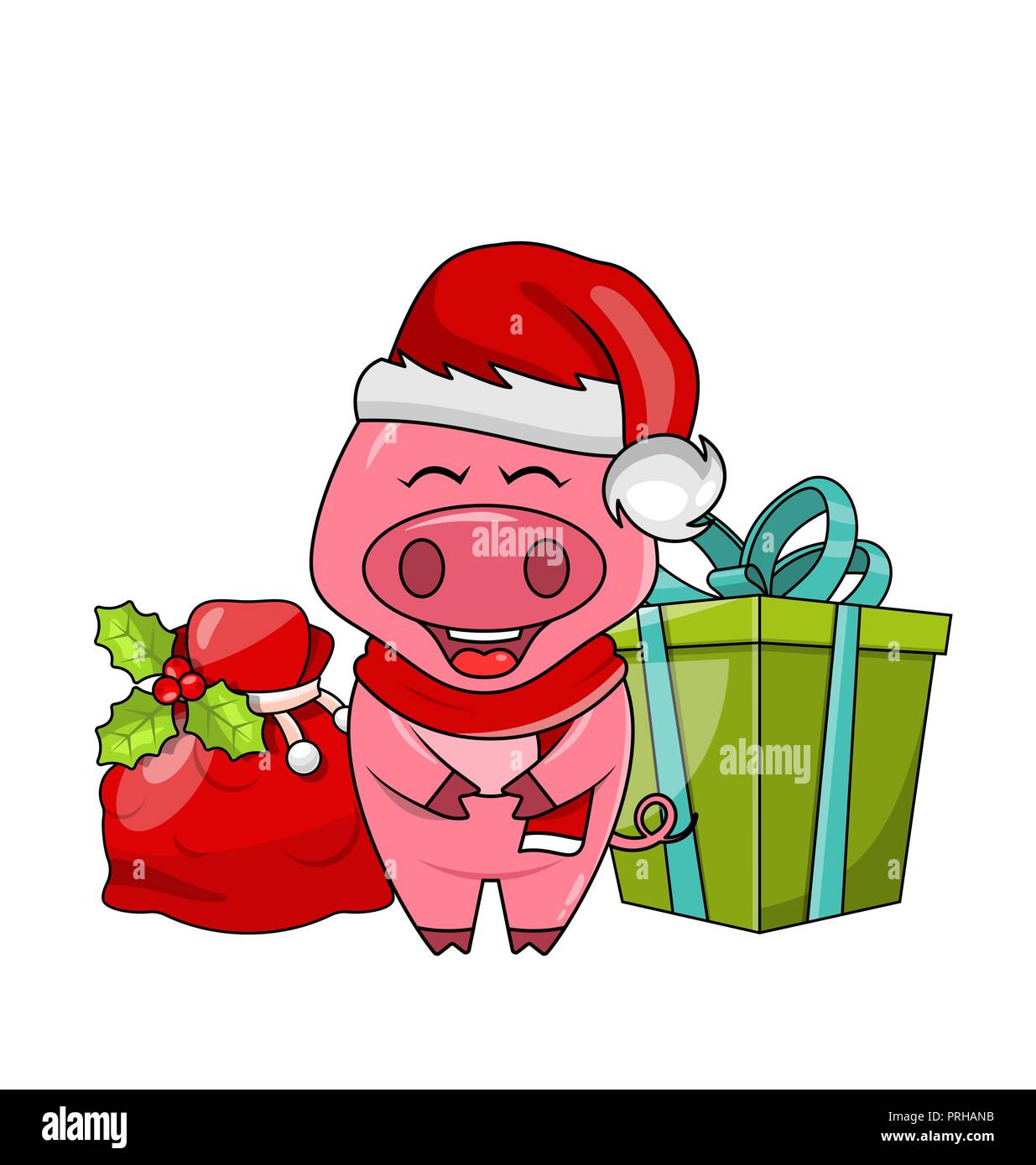 Noël drôle cochon dans Santa s Bonnet et écharpe avec boîte-cadeau et sac  Image Vectorielle Stock - Alamy