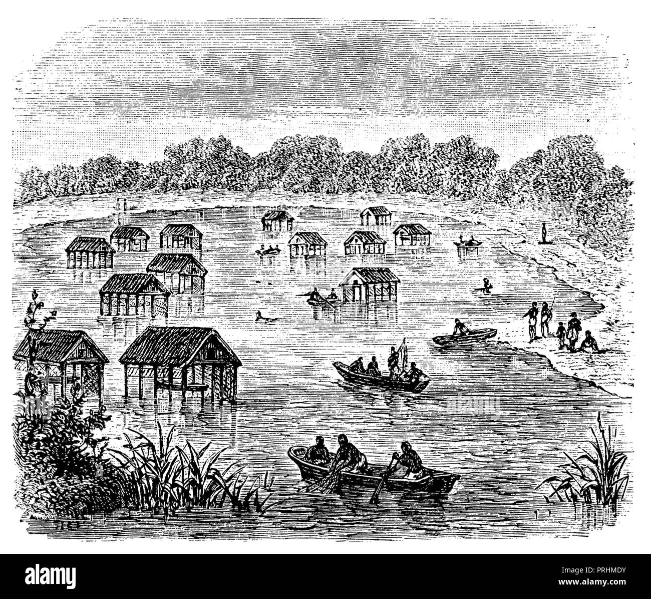 Des maisons sur pilotis au bord du lac (Mohrjase Urua), Banque D'Images