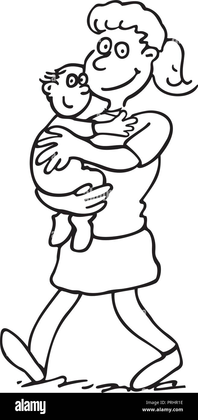 Mère tenant un bébé. décrites caricature handrawn croquis illustration vecteur. Illustration de Vecteur