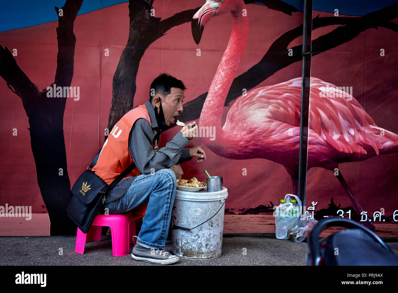 Décoration murale oiseau. Scène de rue en Thaïlande amusante avec un homme mangeant sur le trottoir avec un décor d'art mural de flamants d'animaux sauvages Banque D'Images