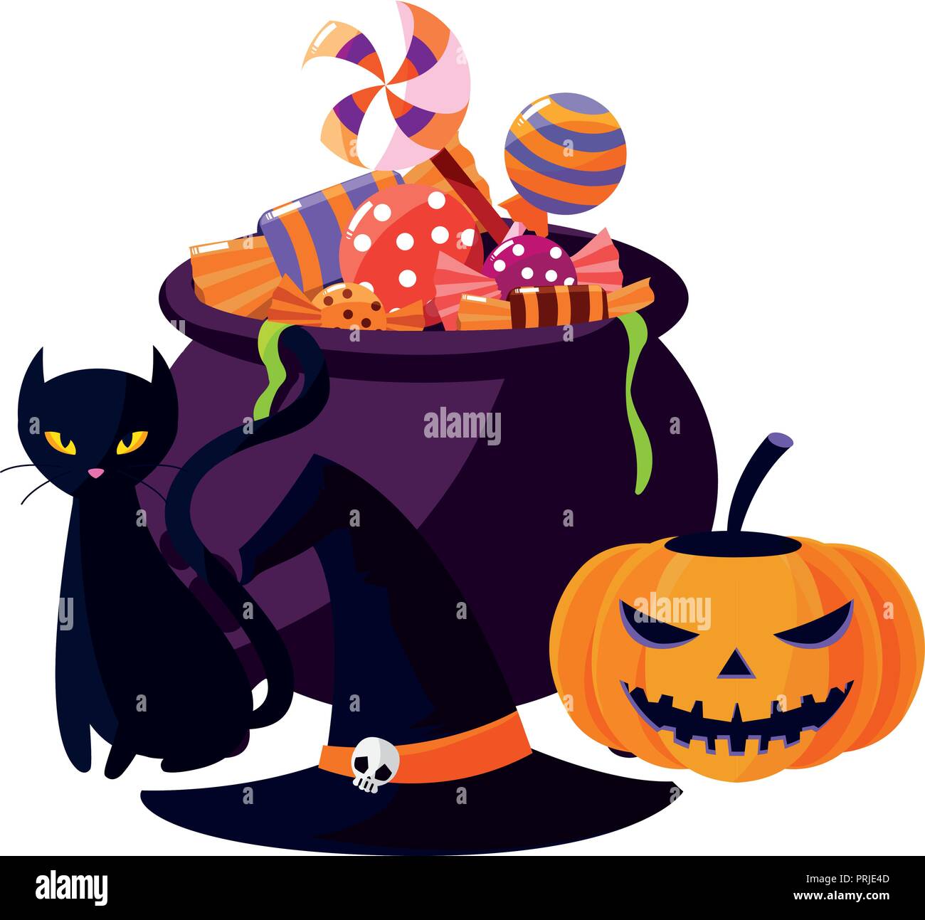 Happy Halloween chaudron avec cat et bonbons vector illustration design  Image Vectorielle Stock - Alamy