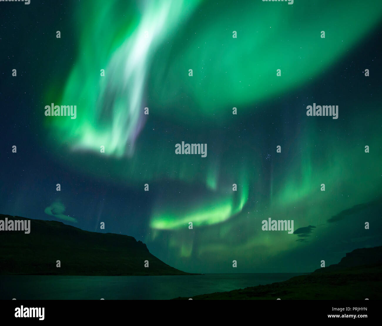 Northern Lights à la nouvelle lune au fjord, Fjords de l'Est, l'Islande Banque D'Images