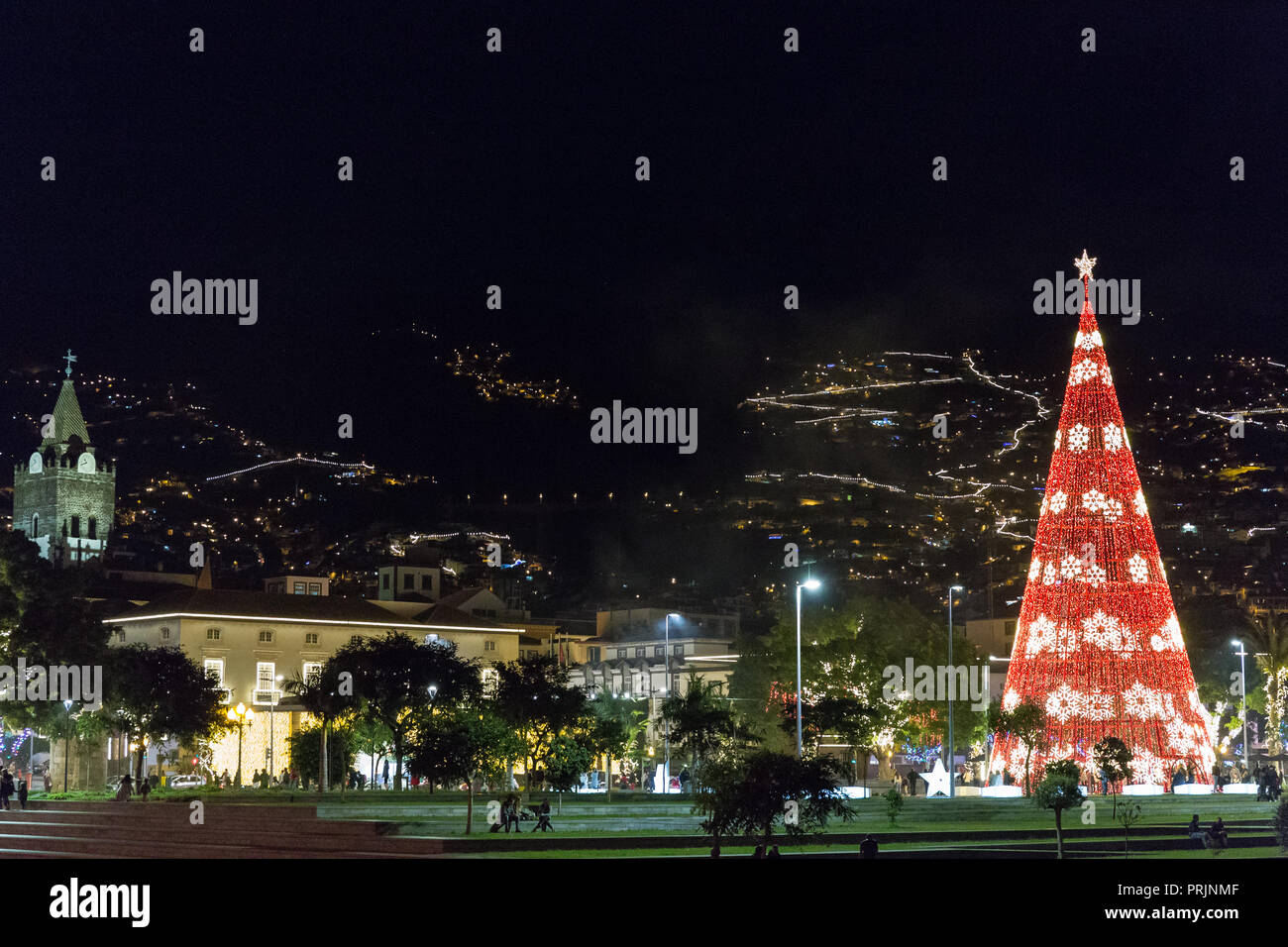 FUNCHAL, PORTUGAL - décembre 7, 2016 : l'éclairage de Noël coloré typique à travers les arbres, des rues, des statues et des bâtiments de la ville de Funchal, Madère, Banque D'Images