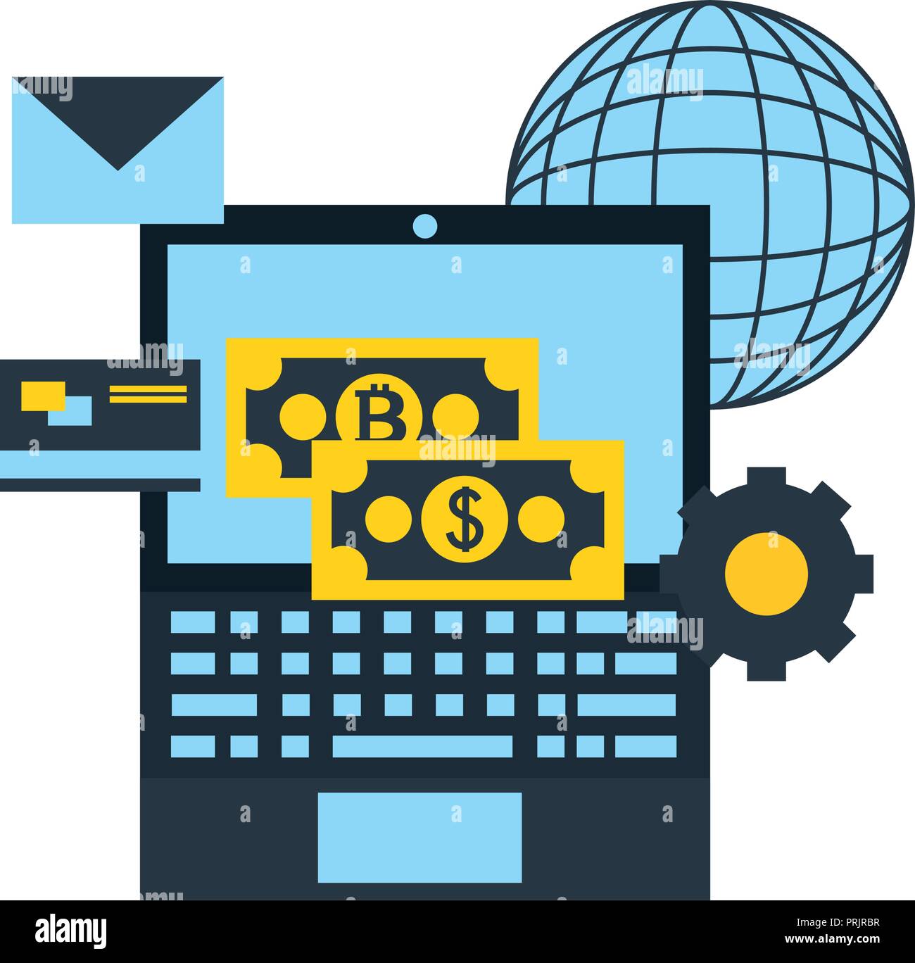 Ordinateur portable carte bancaire en dollars des bitcoins monde fintech Illustration de Vecteur
