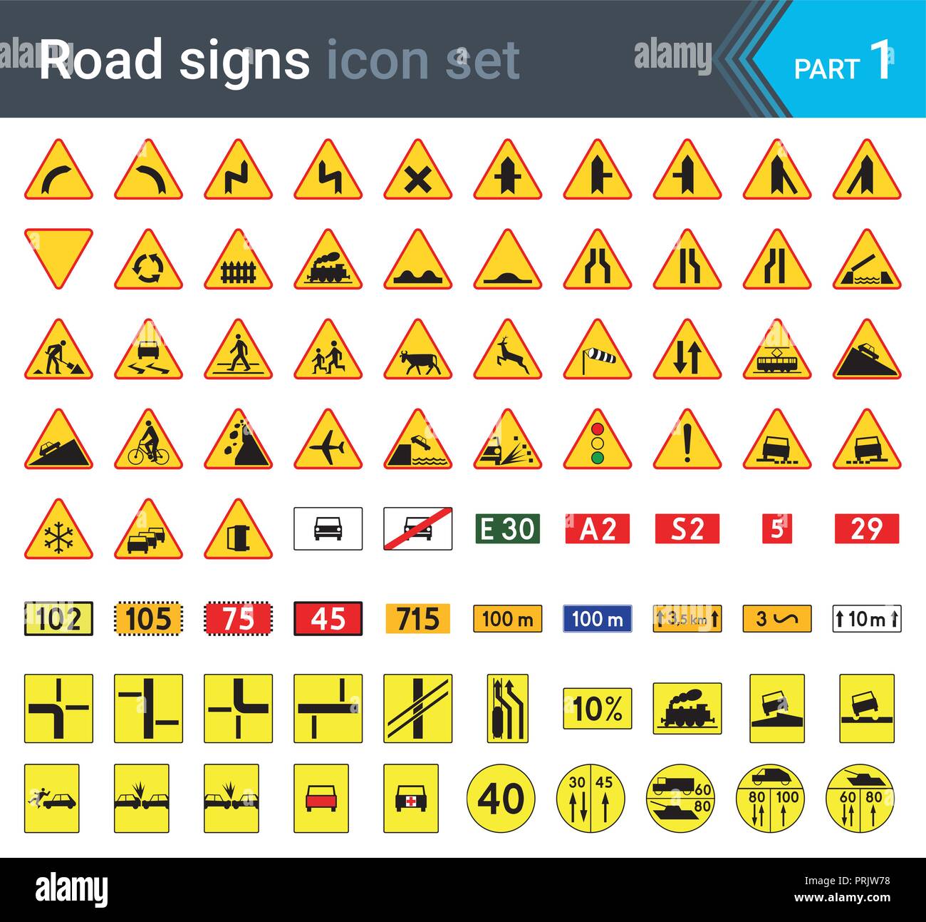 La signalisation routière isolé sur fond blanc. Panneaux d'avertissement, plaques et signes militaires complémentaires. Le trafic de haute qualité de la signalisation routière. Illustration de Vecteur