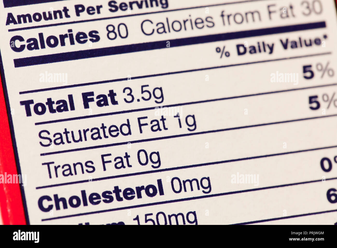 L'information de gras (lipides, gras saturés, gras trans) sur l'étiquette de la valeur nutritive - USA Banque D'Images