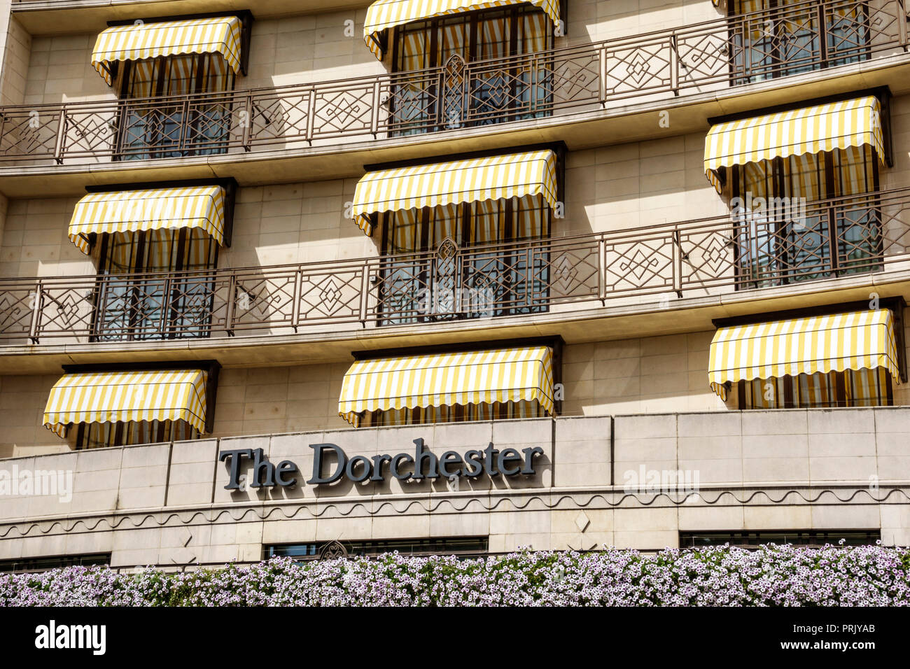 Londres Angleterre,Royaume-Uni,West End City Westminster Mayfair,Park Lane,The Dorchester,hôtel,5 étoiles de luxe,extérieur,façade,balcons,auvents,panneau,UK GB Banque D'Images