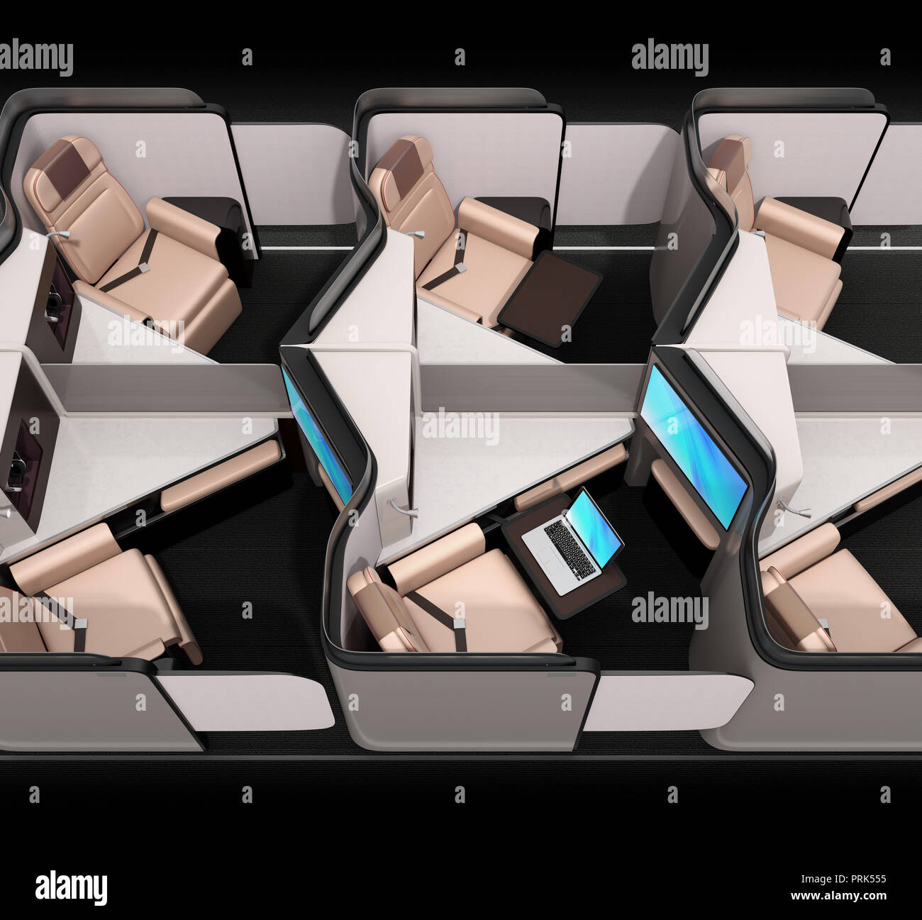 Vue latérale du luxury suites de classe affaires en cabine de l'avion. Le rendu 3D image. Banque D'Images