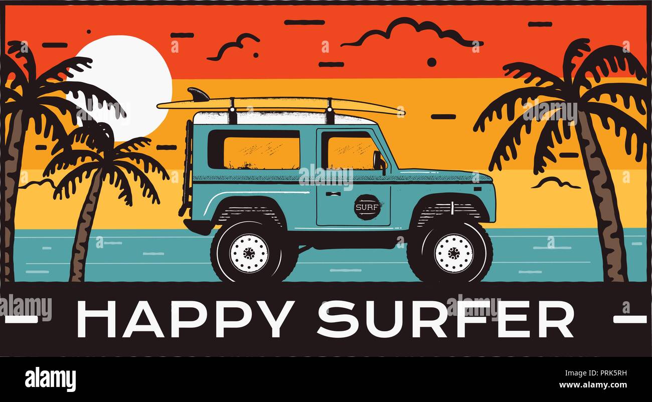 Logo Embleme De Surf Vintage Travel Badge Dessine A La Main De L Affiche Dote D Equitation Location De Surf Sur La Plage Et Mer Paysage Surfer Heureux Citation Vecteur Stock Insigne De Plage