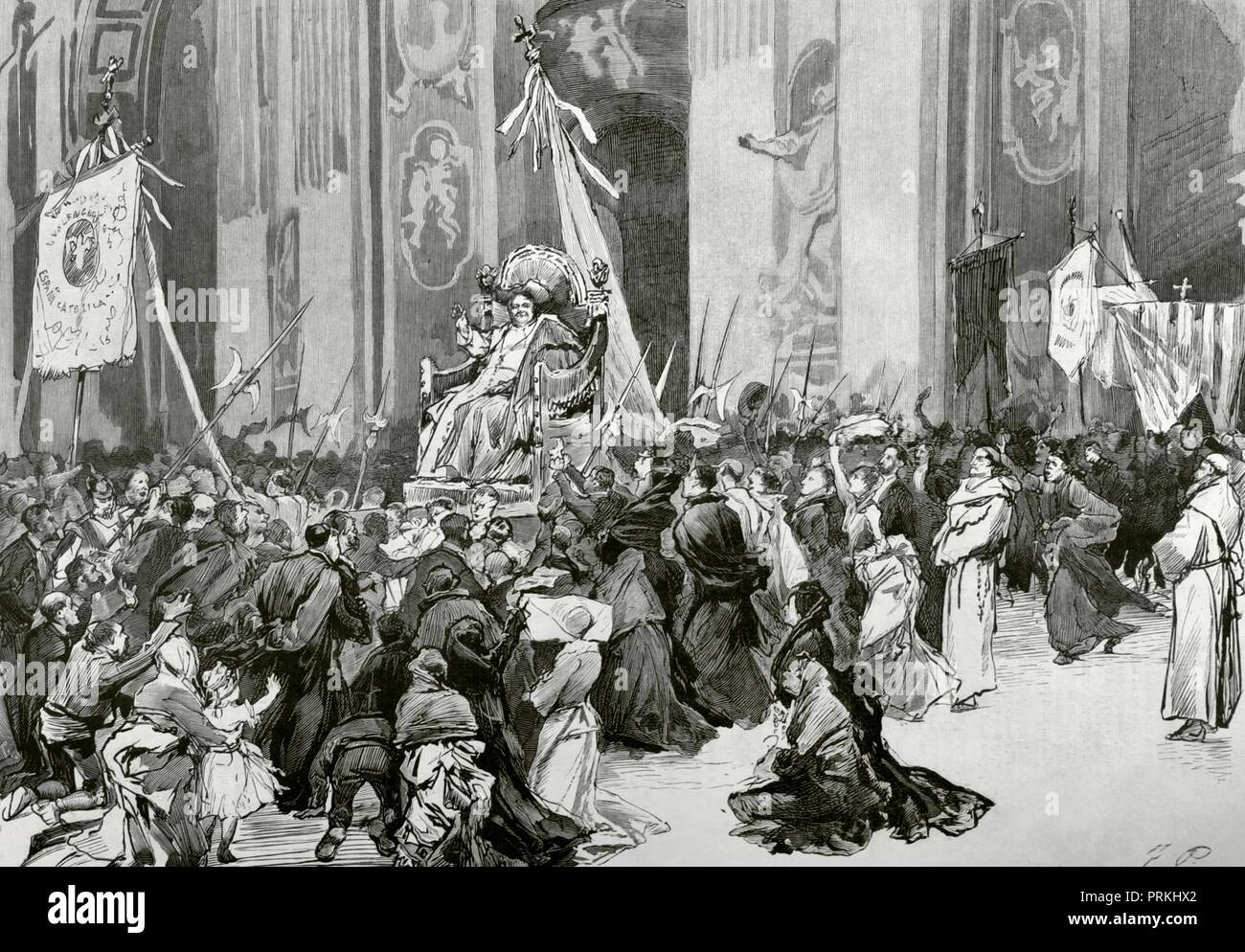 Pío IX (1792 à 1878). Papa de la Iglesia católica y último soberano de los Estados Pontificios. Su santidad Pio IX conducido en la silla gestatoria después de la Audiencia de los peregrinos un général. Dibujo por Pradilla. La gravure. La Ilustración Española y Americana, 8 de noviembre de 1876. Biblioteca Histórico Militar de Barcelone. Islas Baleares, España. Banque D'Images