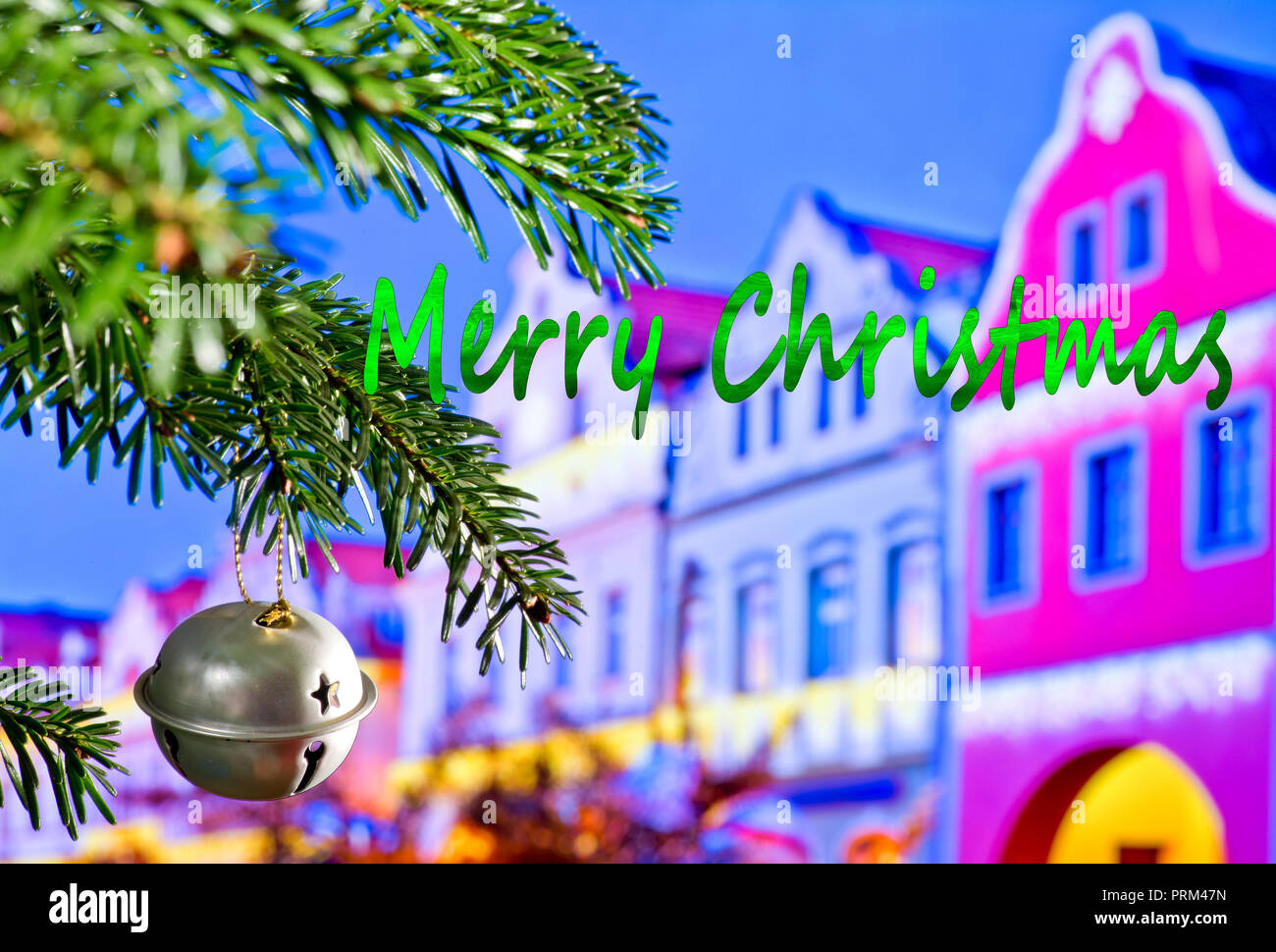 Bell et de Noël Noël avec des rameaux écrit Joyeux Noël Banque D'Images