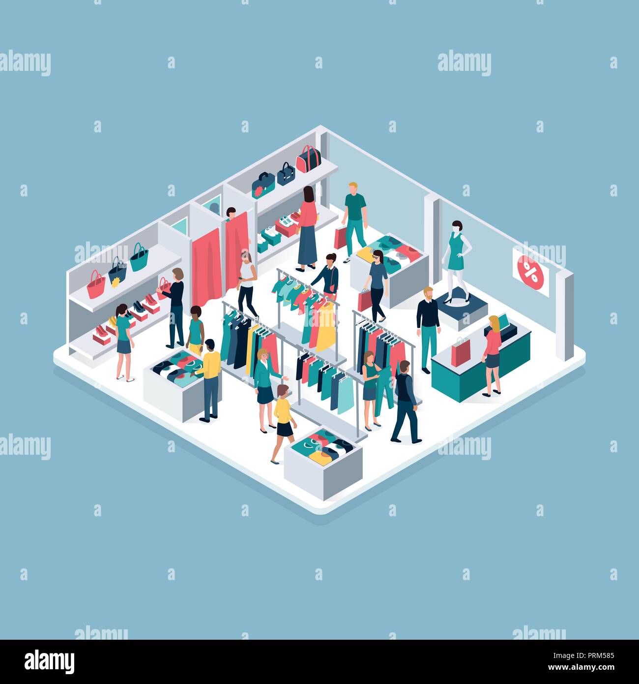 Les gens du shopping dans le magasin de vêtements, boutique isométrique de l'intérieur : promotions et ventes concept Illustration de Vecteur