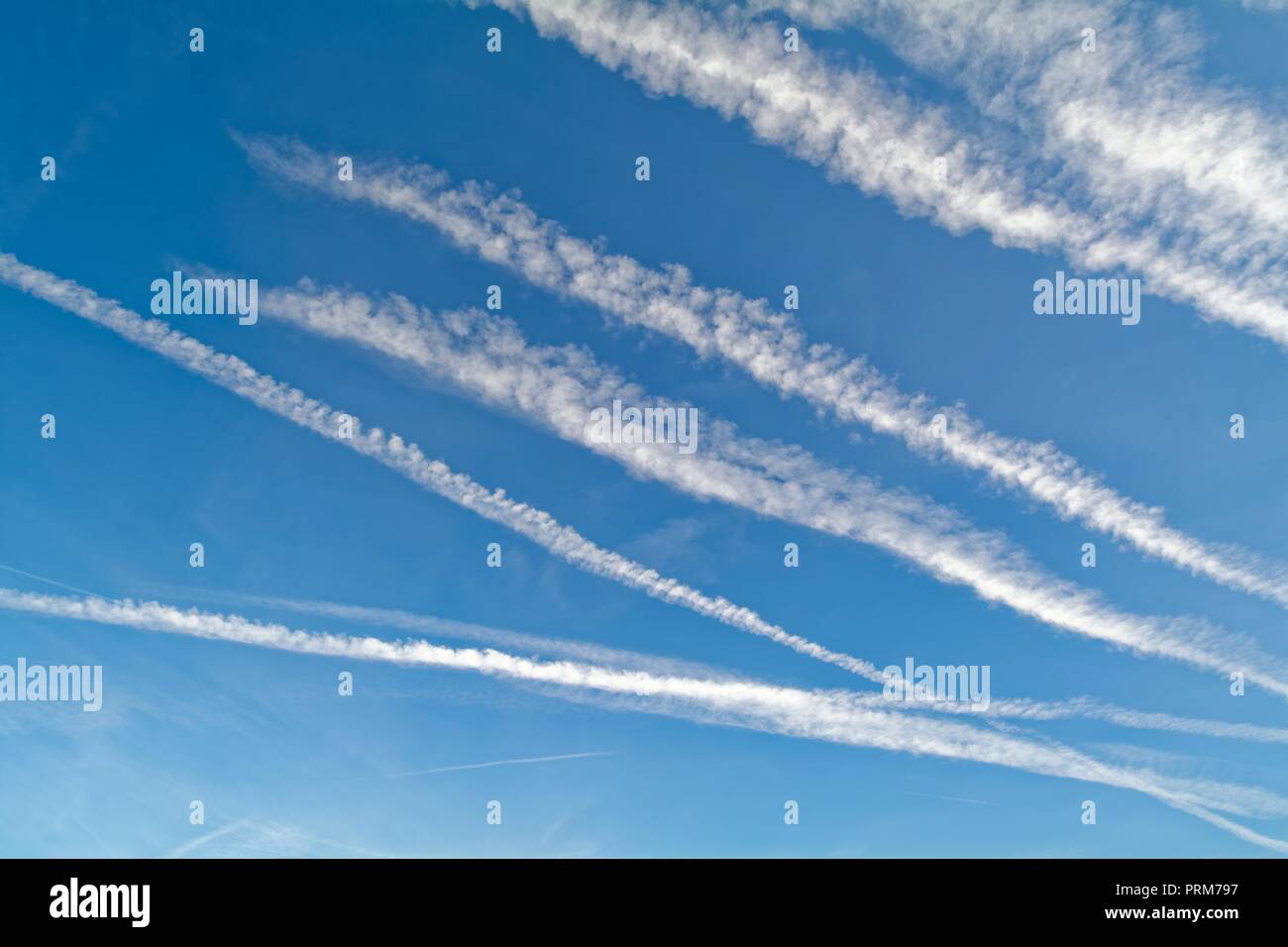 Avions de recul trainées contre un ciel bleu Surrey England UK Banque D'Images