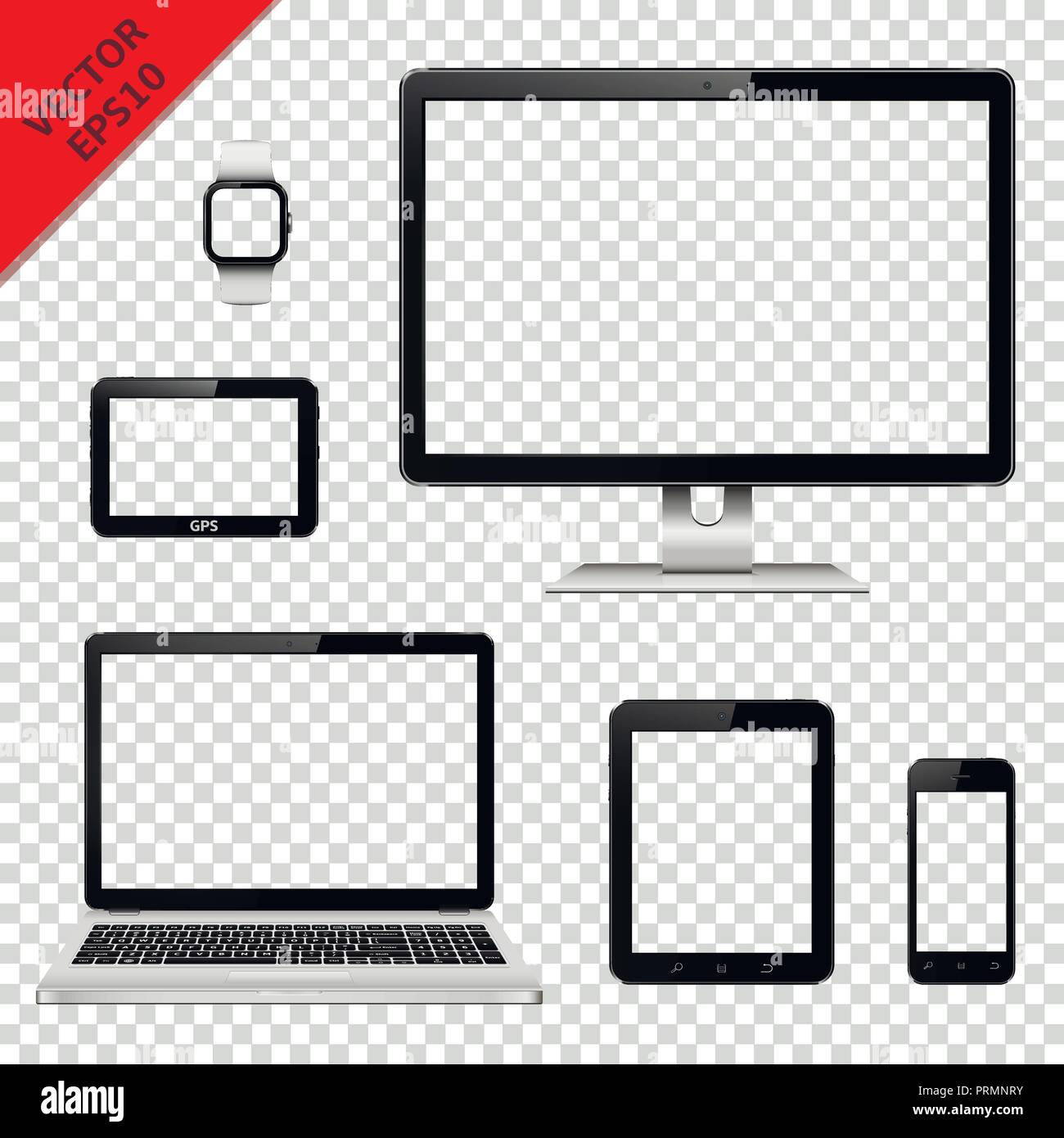 Divers appareils électroniques modernes avec écran transparent isolé sur fond transparent Illustration de Vecteur