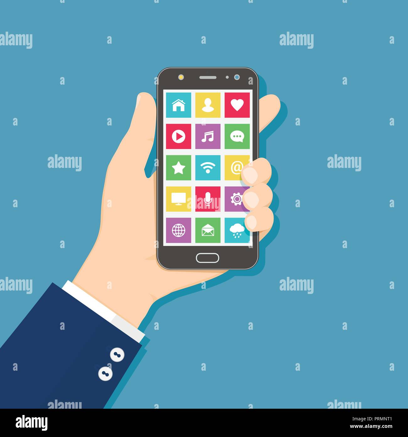 Hand holding mobile phone avec des icônes d'application sur l'écran. Concept design plat. Illustration de Vecteur