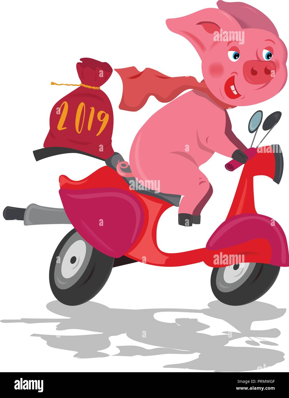 Funny pink pig rider sur un scooter vélo rapide rouge avec sac de Noël Illustration de Vecteur