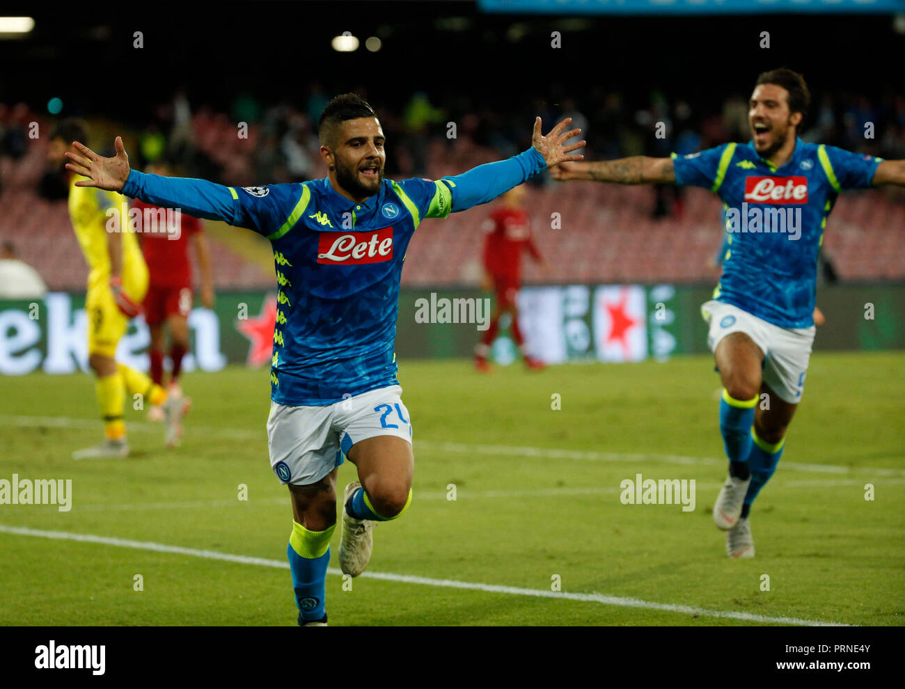 Naples, Italie. 3 octobre, 2018. Lorenzo Insigne célébration après avoir marqué lors de la Ligue des Champions de football match de groupe entre SSC Napoli - Liverpool au Stadio San Paolo de Naples en octobre 2018 S03 : NAfoto Crédit/Alamy Live News Banque D'Images