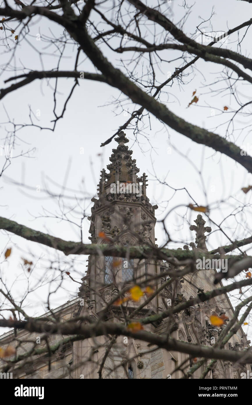 PRINCETON, NEW JERSEY - 1 novembre, 2017 : le sommet de l'Université de Princeton chapelle est vu à travers les arbres d'automne stérile Banque D'Images