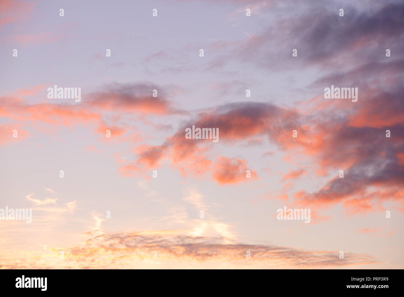 Coucher de soleil avec nuages moelleux chaud - rose mauve orange ciel Banque D'Images