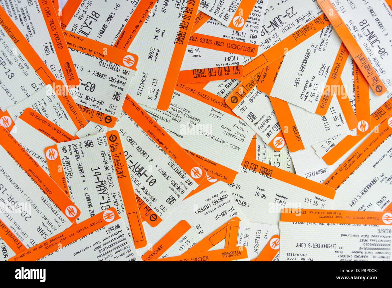 La nature morte de billets de chemin de fer du Sud, Ashford, Surrey, Angleterre, Royaume-Uni Banque D'Images
