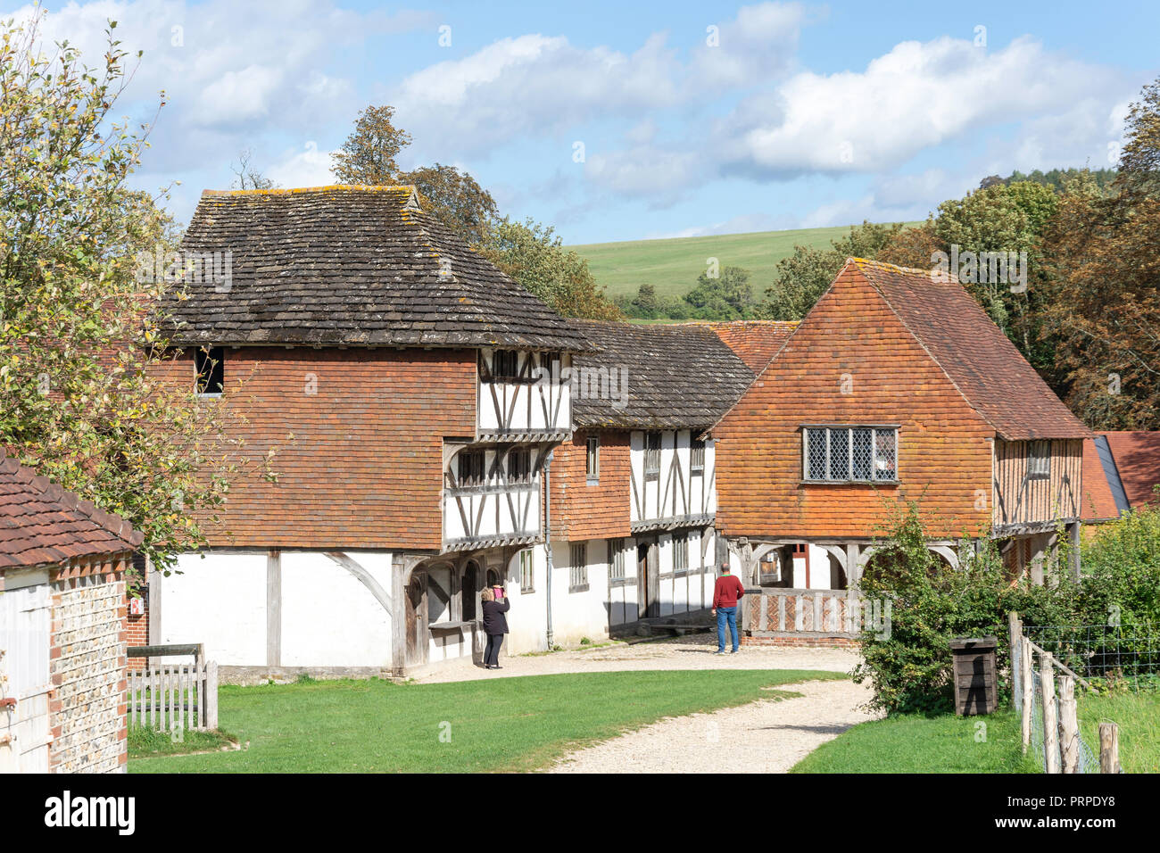 Bâtiments à pans de bois, Place du marché, le Weald & Downland Musée Vivant, Town Lane, Singleton, West Sussex, Angleterre, Royaume-Uni Banque D'Images