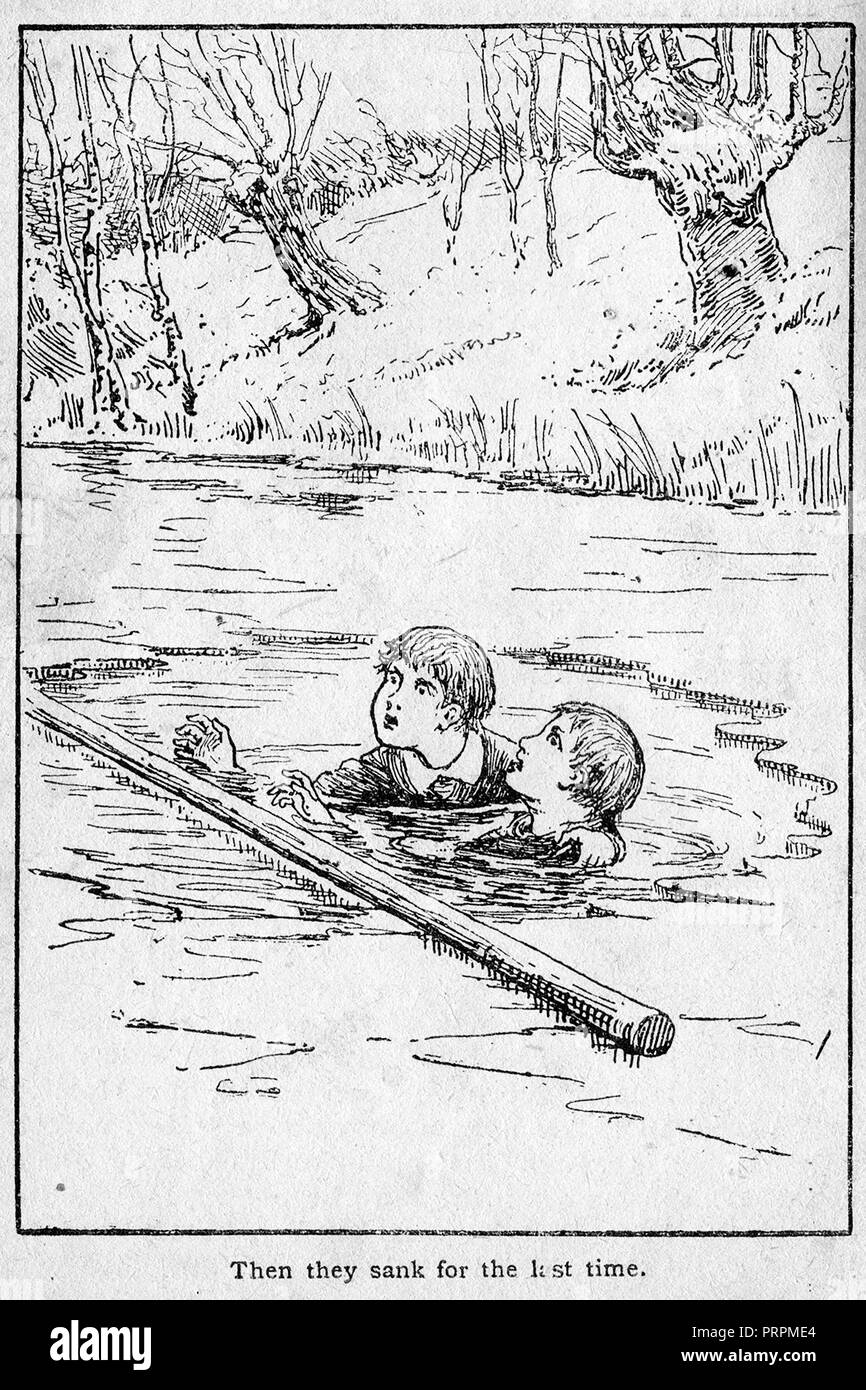 L'illustration au début des années 1900, d'Ernest de Grailly âgé de 8 ans, et son frère Alfred avant leur mort par noyade dans un étang couvert de glace à Burnham Beeches, Bucks, malgré les efforts du héros local Daniel Pusey Banque D'Images