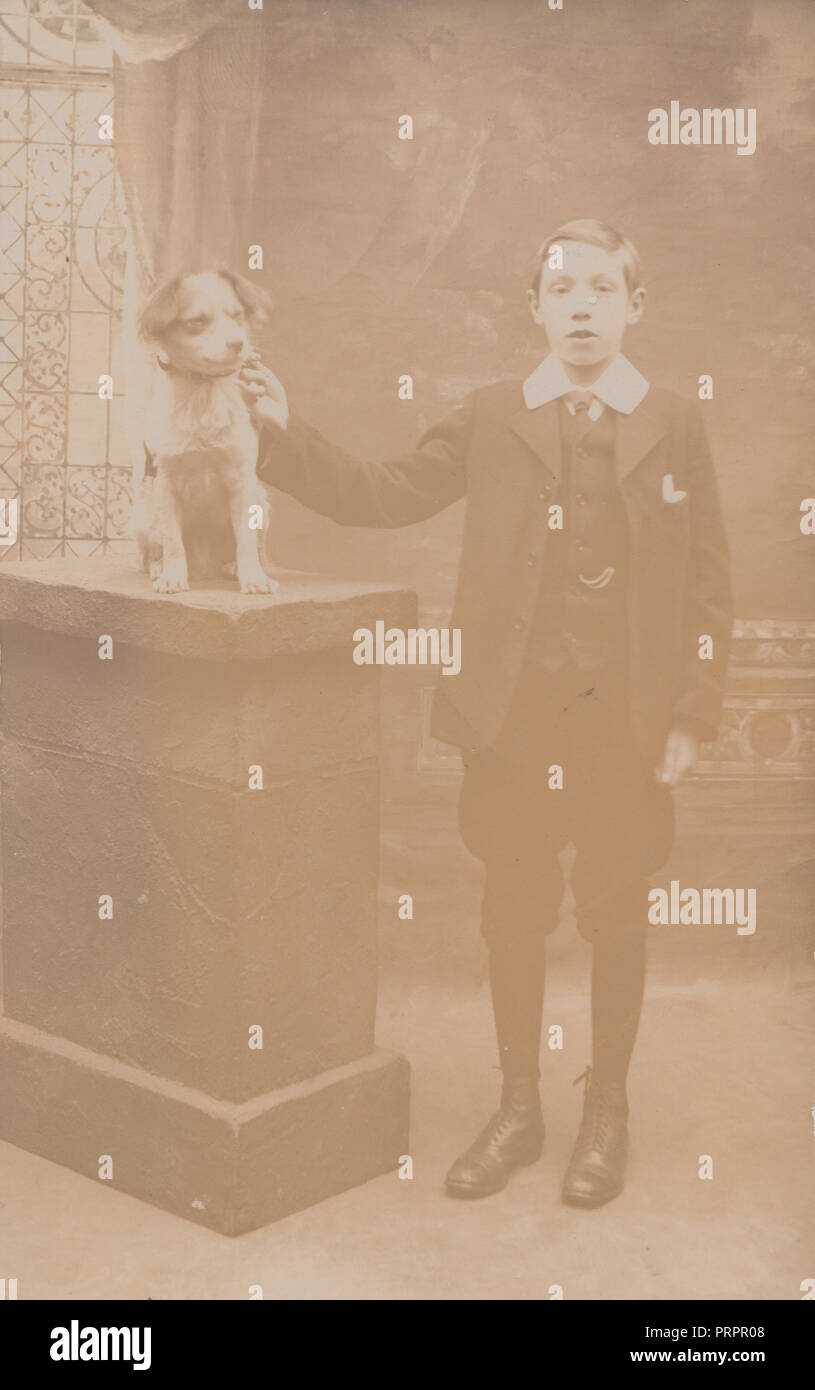 * Studio Shrewsbury Vintage Photo d'un jeune homme intelligent et son chien qui peut avoir été l'objet de la Taxidermie. Banque D'Images