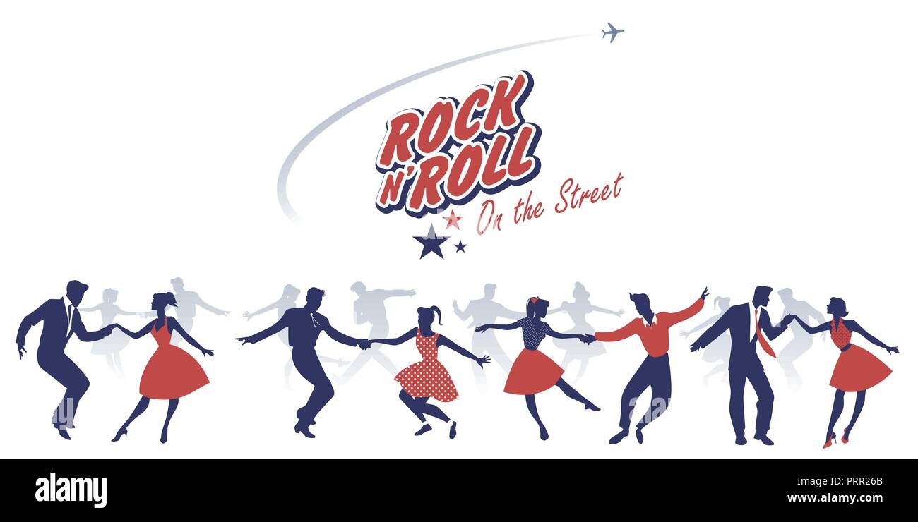 Silhouettes de jeunes couples portant des vêtements 50's rock and roll danse Illustration de Vecteur