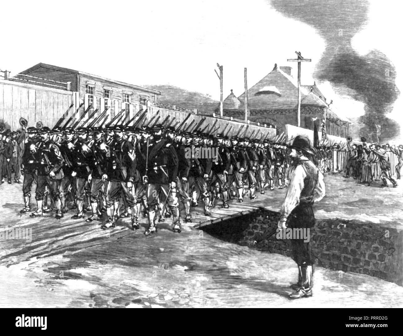 Juin-Juillet 1892 Grève de Homestead. Une gravure montrant les Harpers Bazaar de milice de l'État de Pennsylvanie qui arrivent pour mettre fin à la grève. Banque D'Images