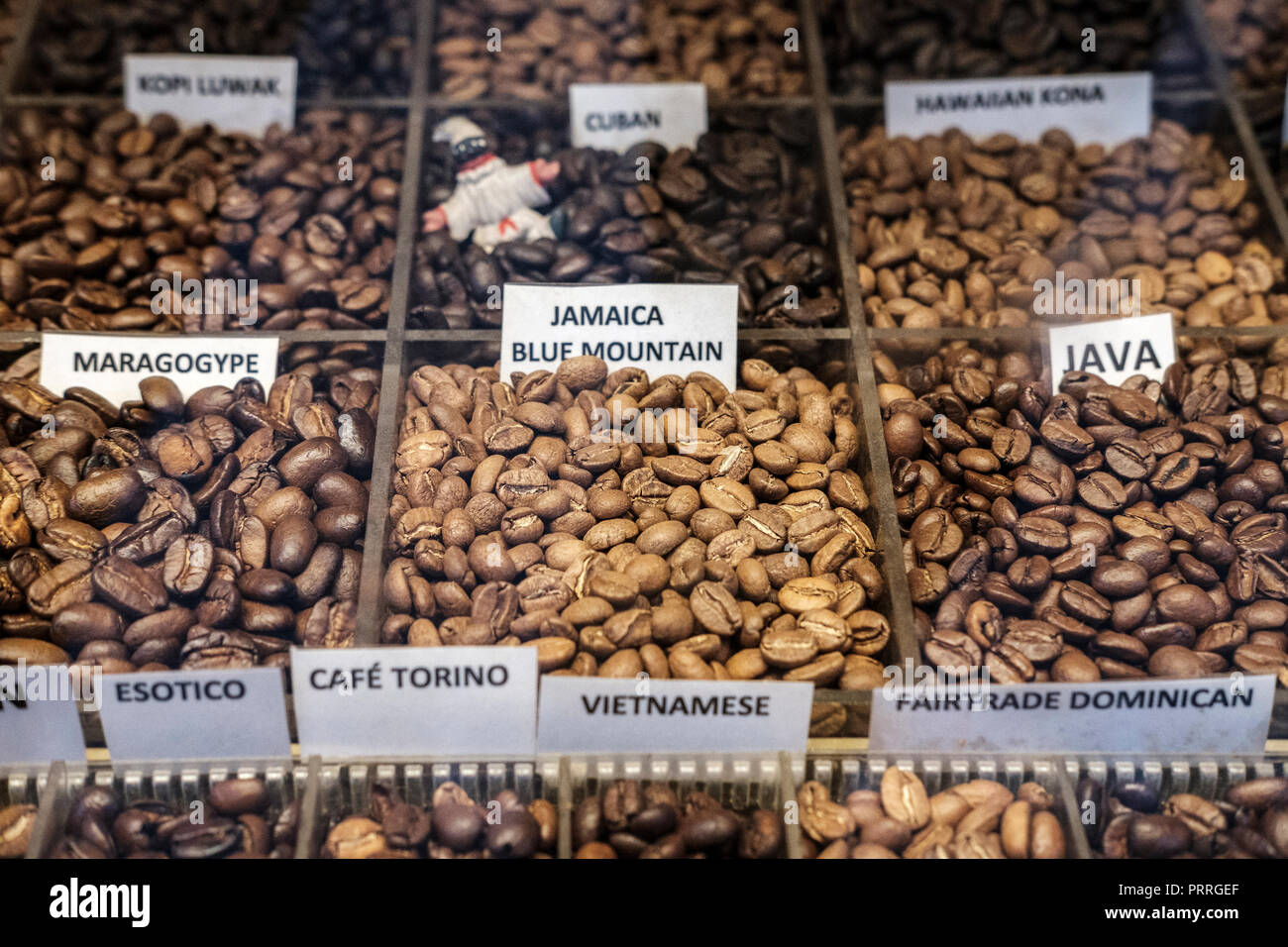 UK,Londres,Soho-algérienne coffee company- variété de grains de café sur l'affichage Banque D'Images