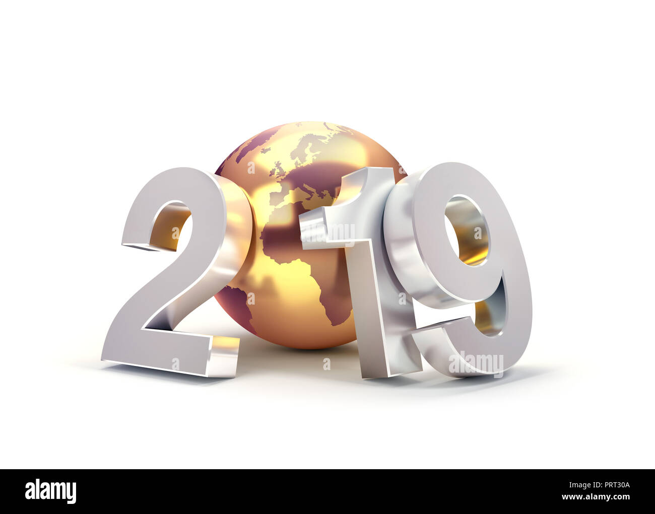 2019 Nouvelle année nombre composé de doré la planète terre, l'accent sur l'Europe et l'Afrique, isolé sur blanc - 3D illustration Banque D'Images