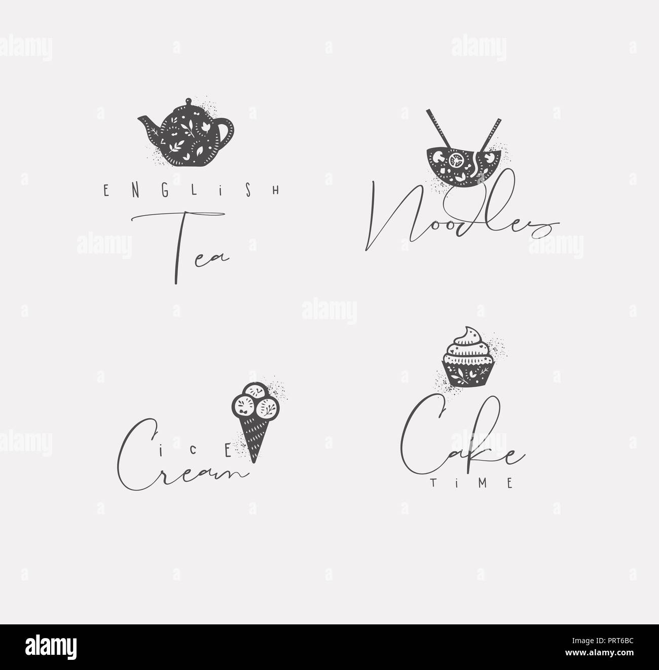 Signe de l'alimentation, les nouilles de thé anglais lettrage, crème glacée, Gâteau temps dessin dans un style minimaliste Illustration de Vecteur
