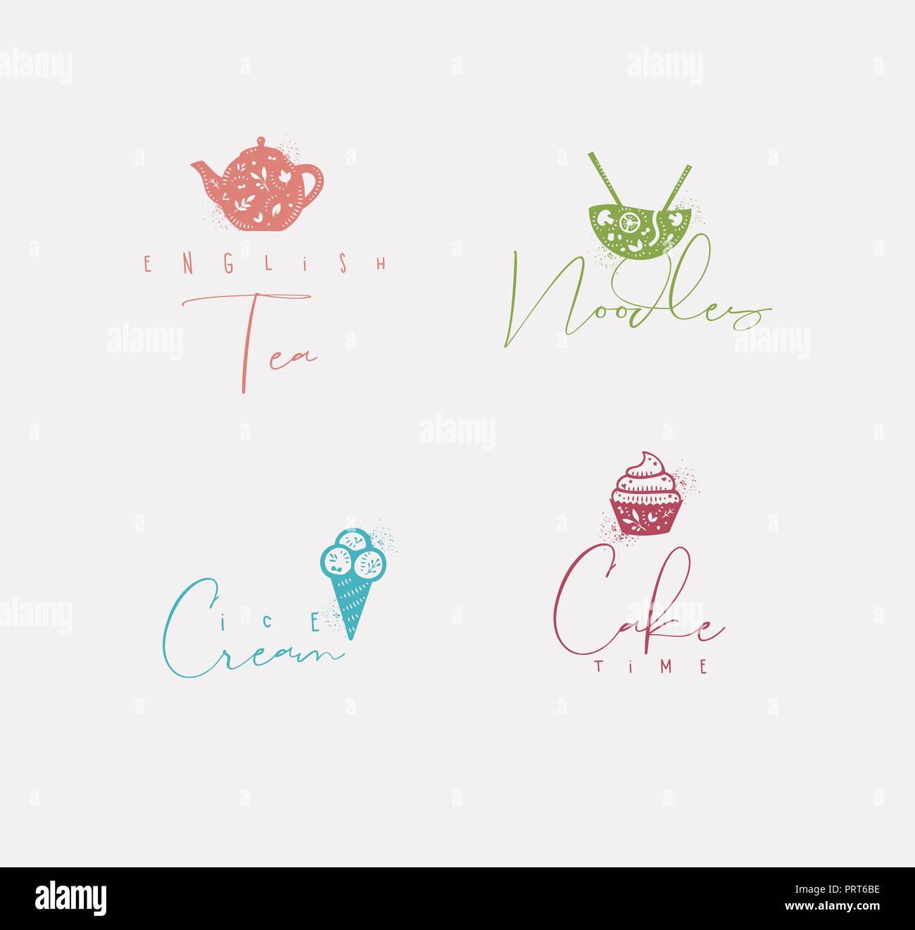 Signe de l'alimentation, les nouilles de thé anglais lettrage, crème glacée, Gâteau temps à dessiner avec la couleur dans le style minimaliste Illustration de Vecteur